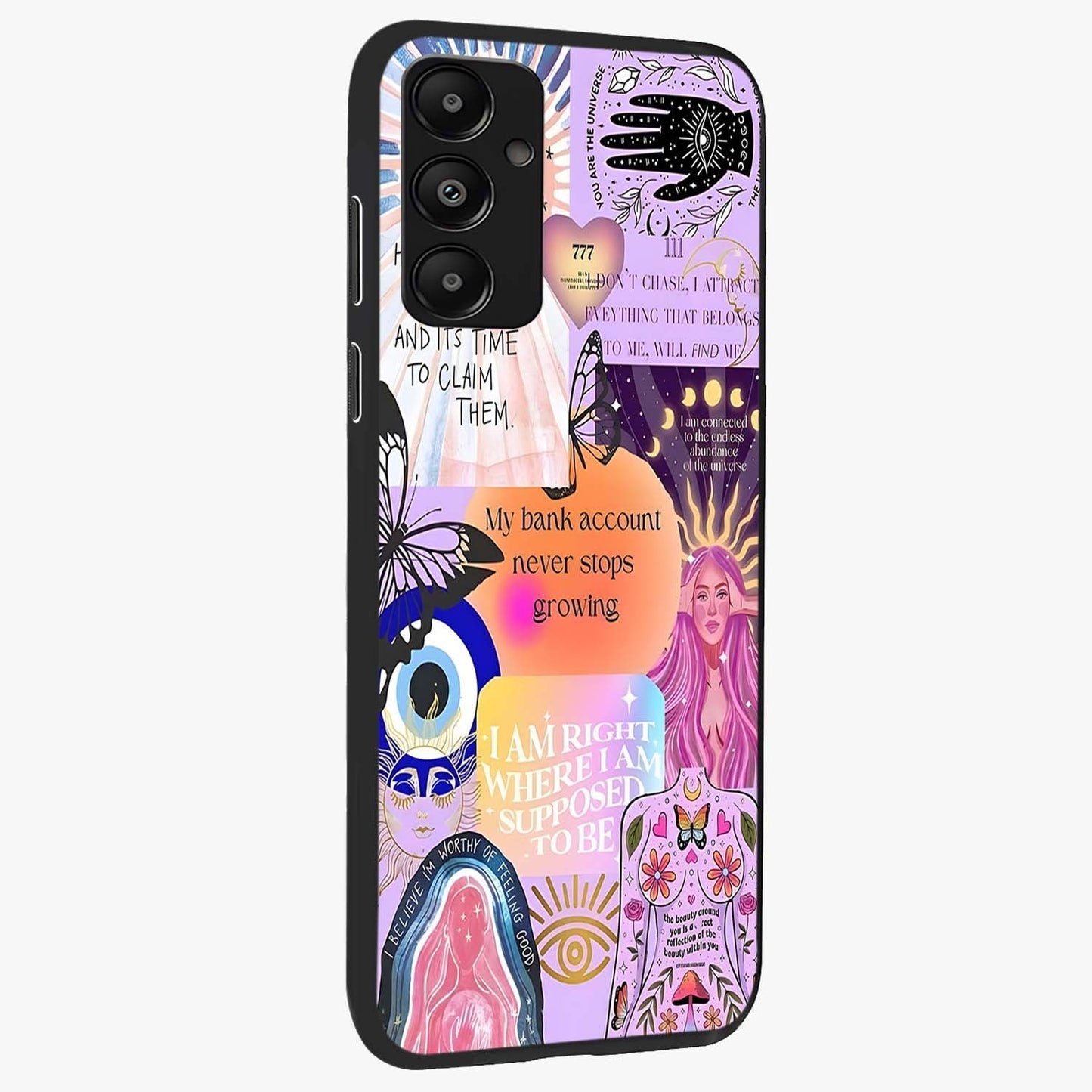 Manifestation Collage Glass Case upright view showcasing artistic manifestation themed artwork with creative style.
