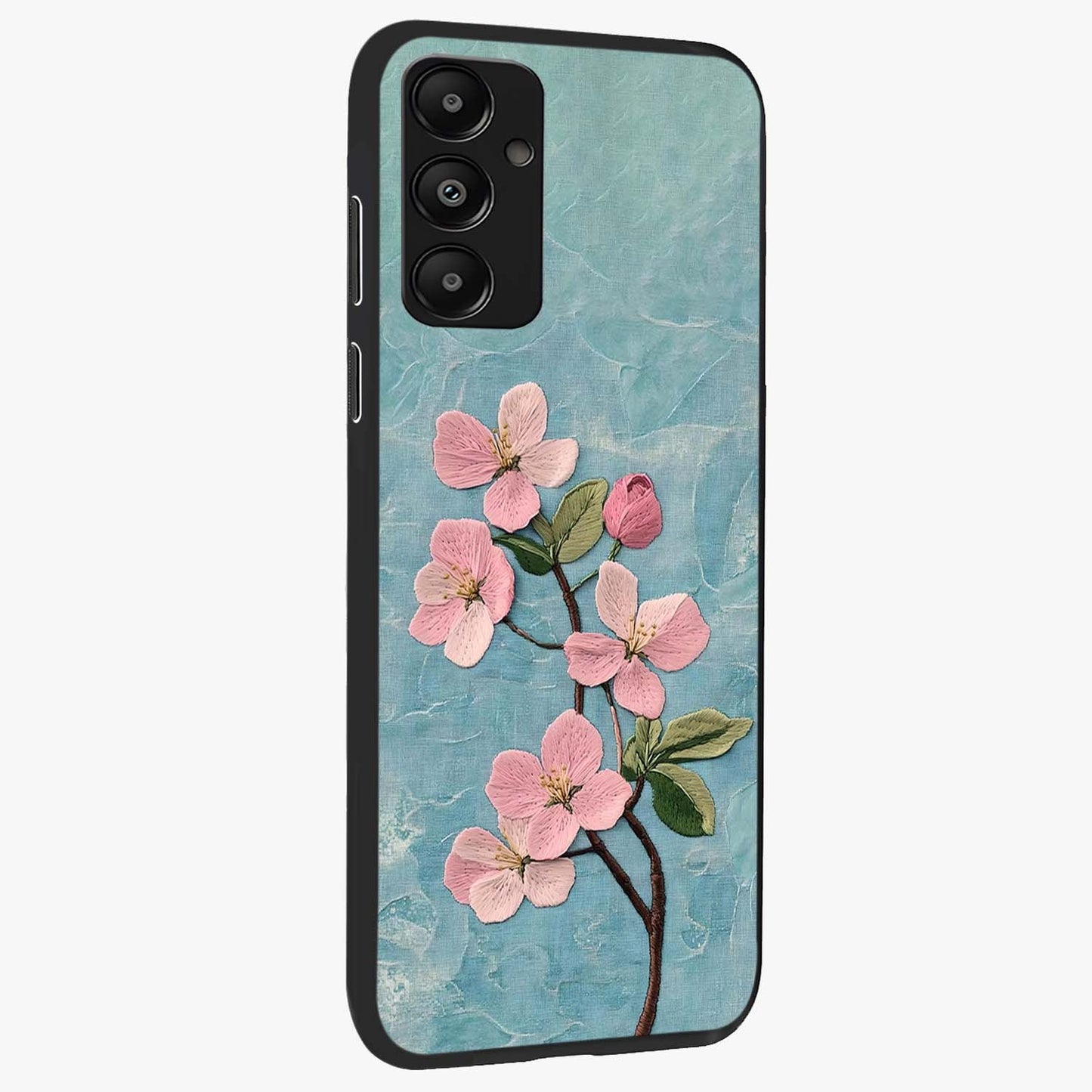 Threaded Blossom Breeze Glass Case upright view showcasing graceful flower artwork with calm botanical theme.