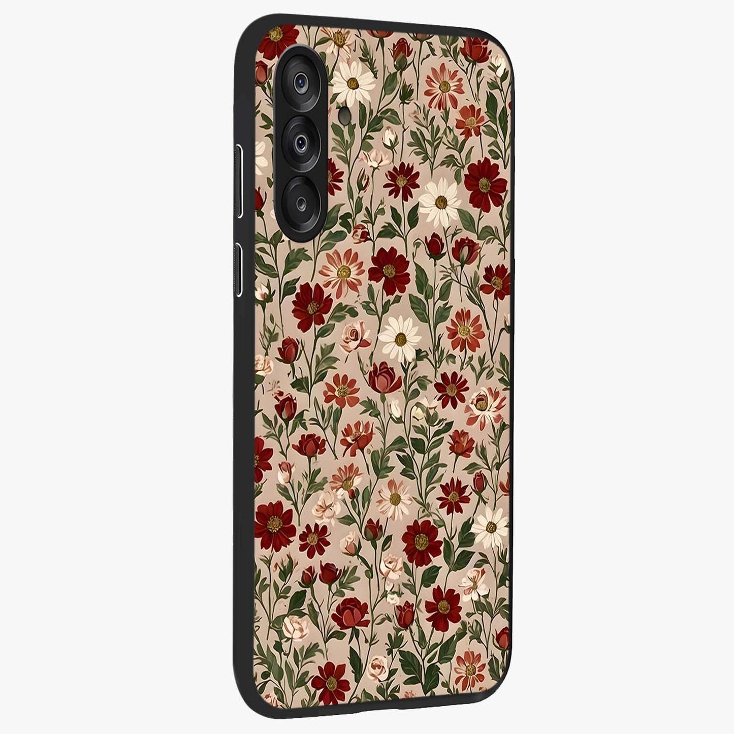Biege Flower With Leaf Glass Case upright view showcasing delicate beige flower illustration with clean botanical style.