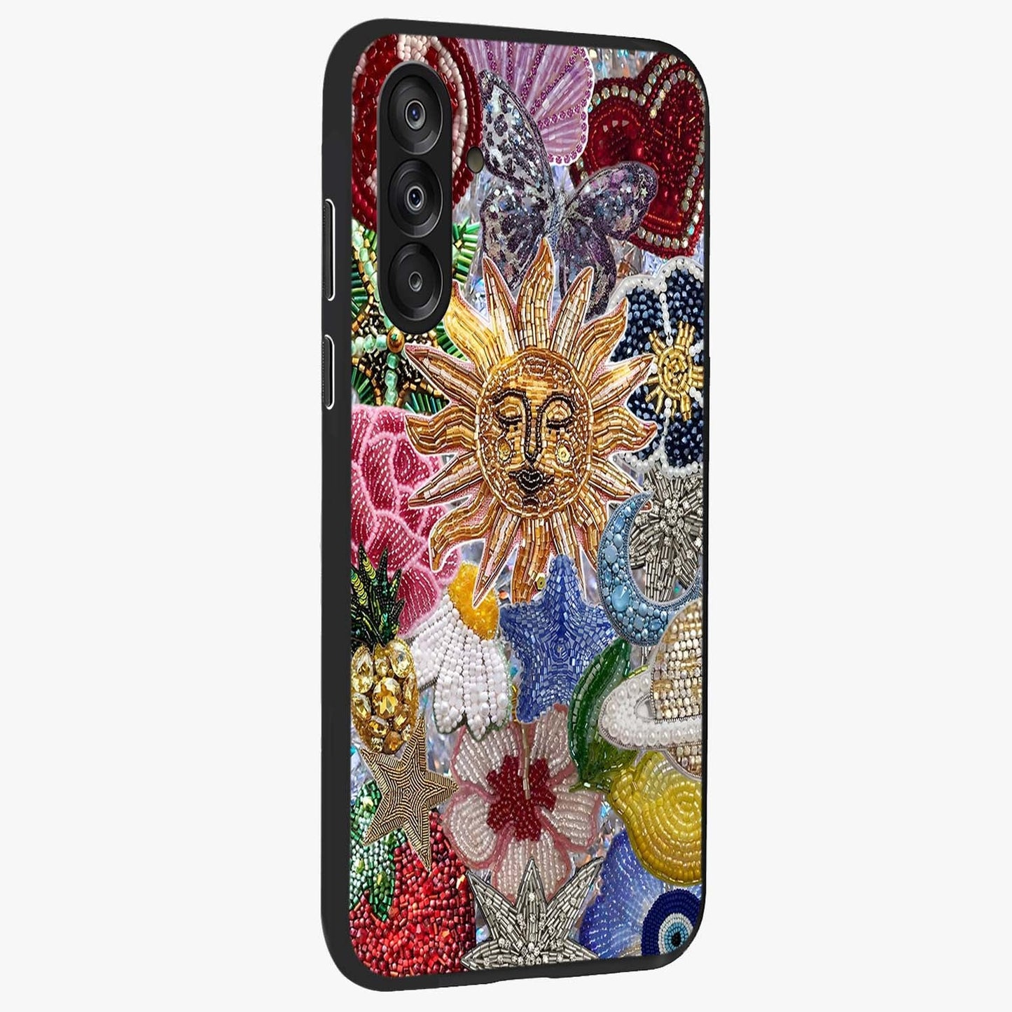 Celestial Floral and Playful Glass Case upright view showcasing whimsical floral artwork with cosmic aesthetic theme.