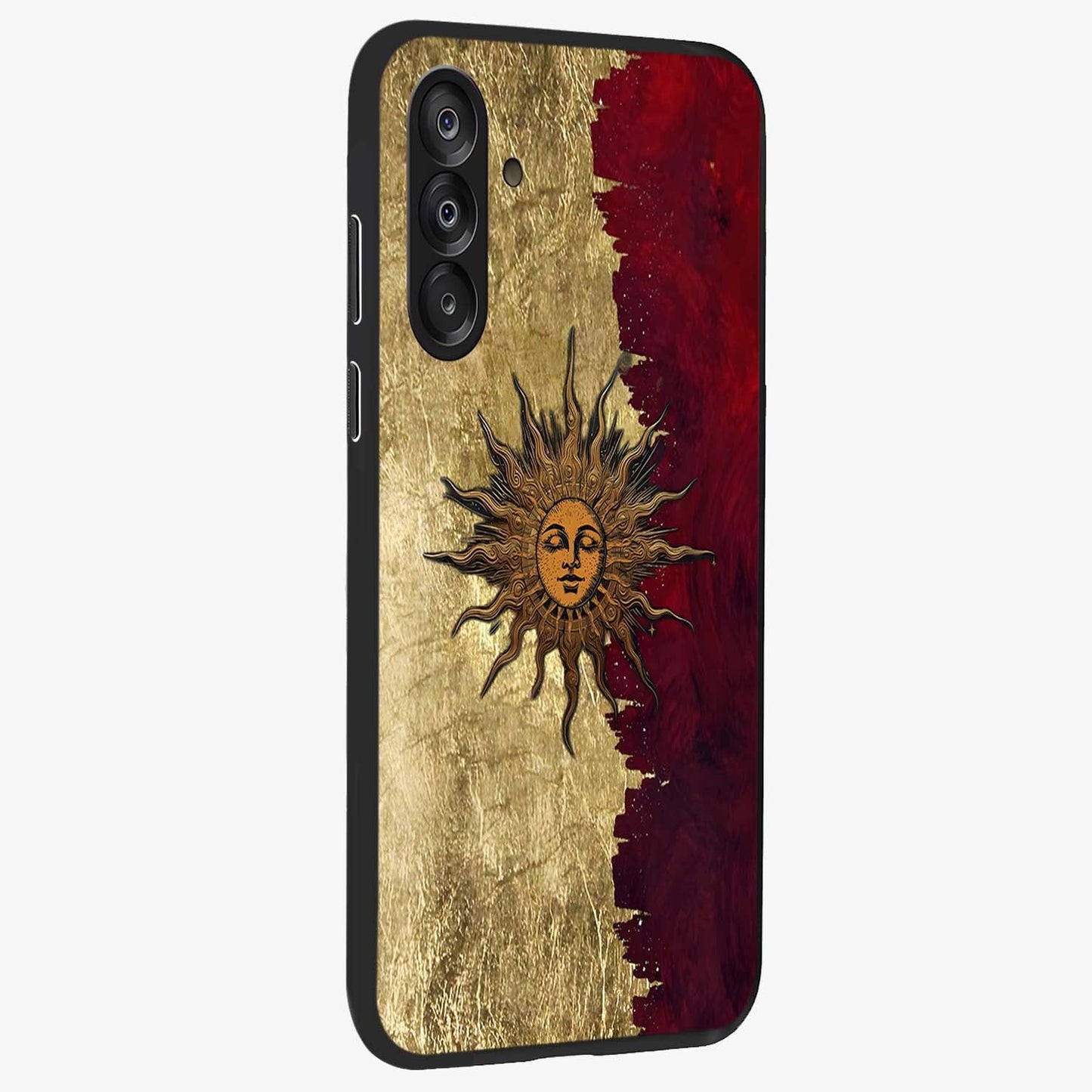 Crimson Sun Majesty Glass Case upright view showcasing vibrant sun artwork with powerful celestial theme.