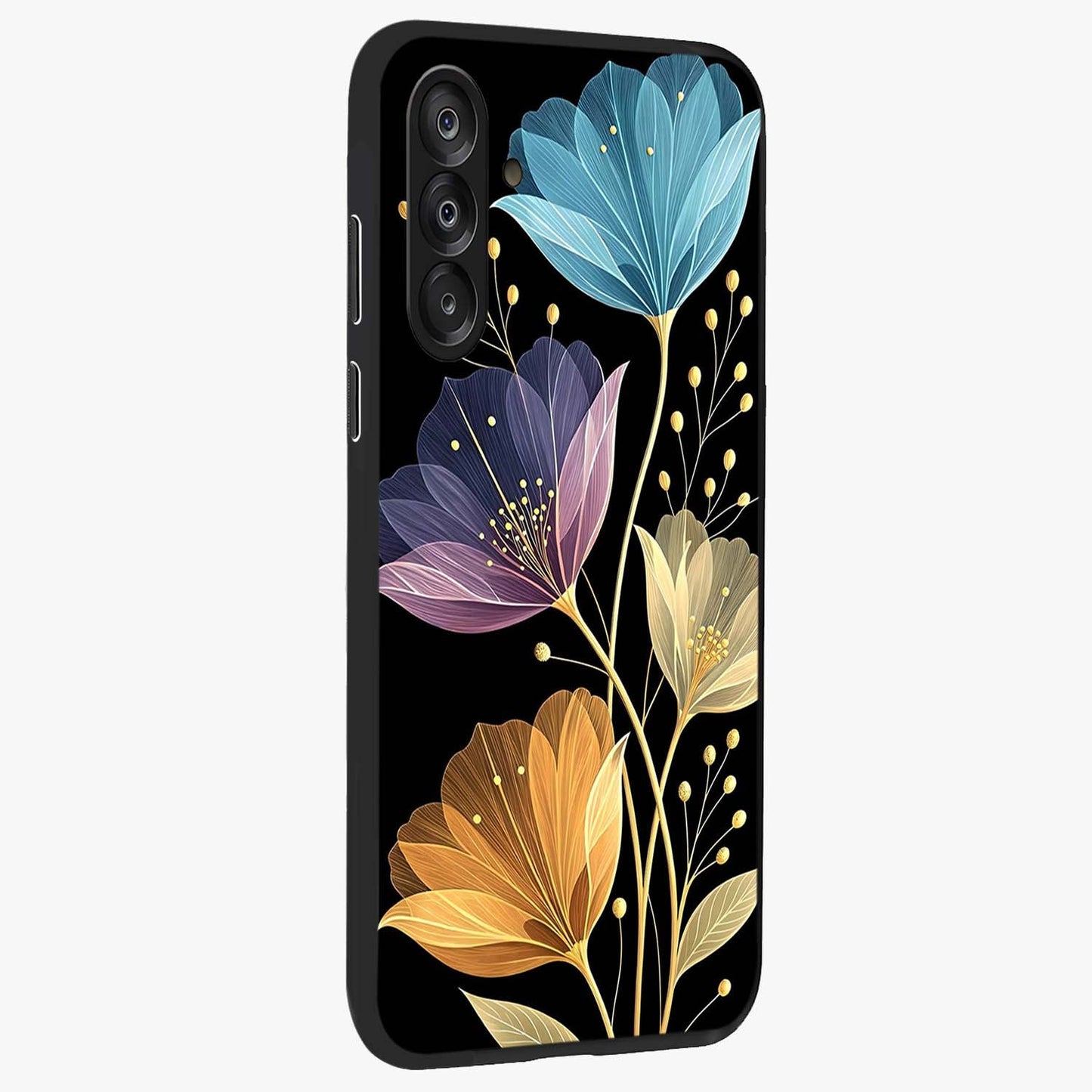 Delicate Multicolor Flowers Glass Case upright view showcasing delicate floral artwork with bright botanical theme.