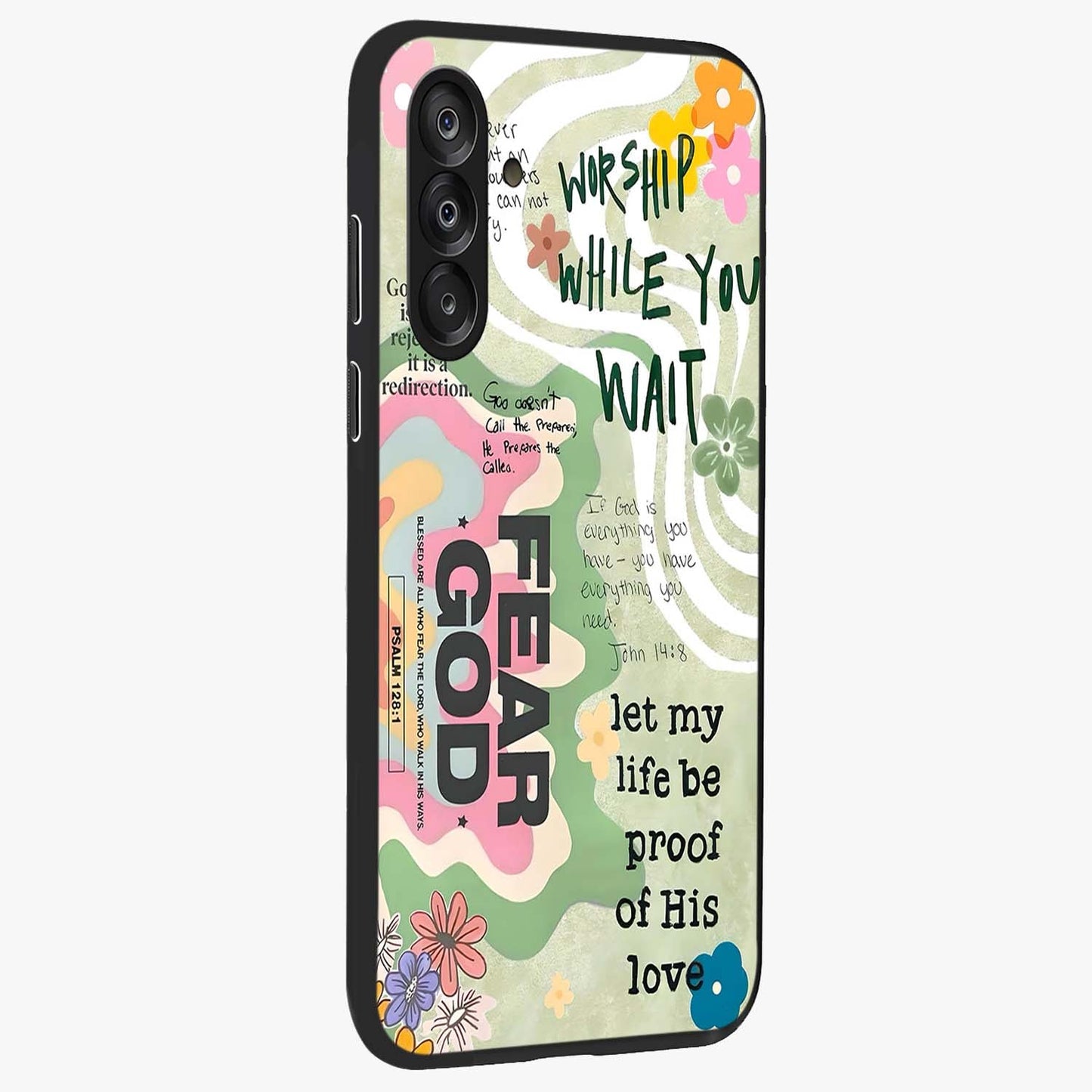 Faith Over Fear Glass Case upright view showcasing bold typography artwork with uplifting motivational theme.