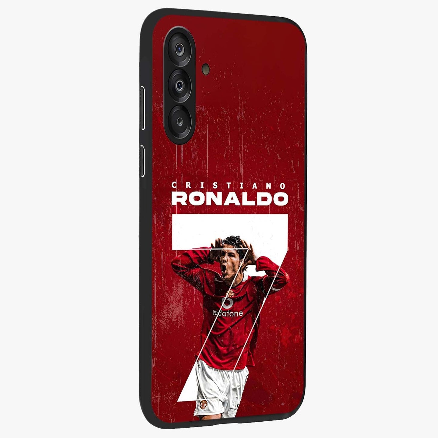 Goal Celebration Legacy Glass Case upright view showcasing dynamic football inspired artwork with victory celebration aesthetic.