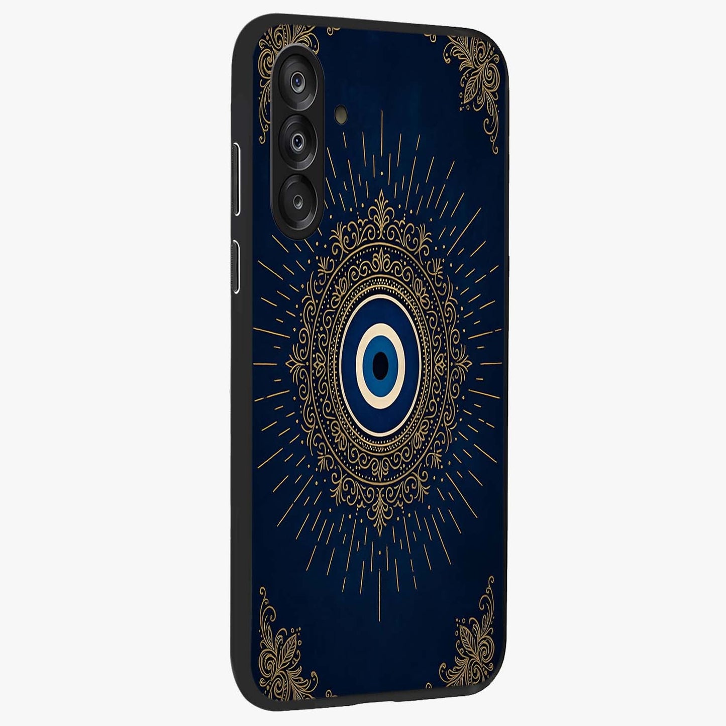 Golden Celestial Charm Glass Case upright view showcasing radiant celestial artwork with elegant golden theme.