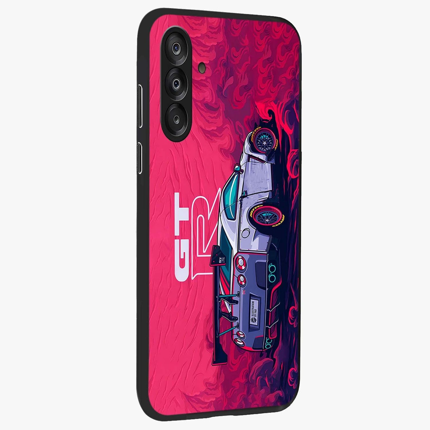 GT-R Car Pattern Glass Case upright view showcasing dynamic car pattern artwork with modern sports theme.