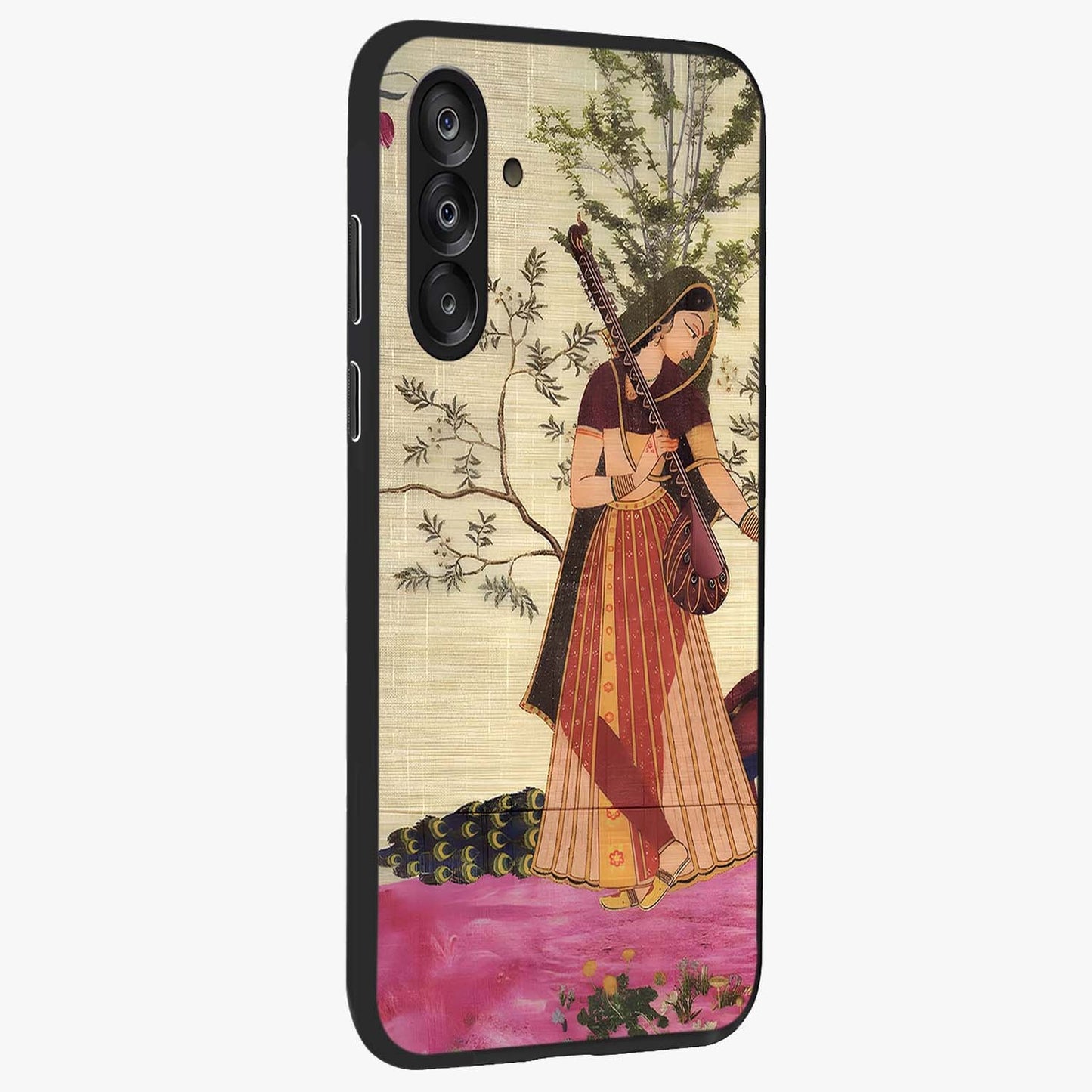 Lady With Veena Art Glass Case upright view showcasing classical veena artwork with traditional artistic theme.