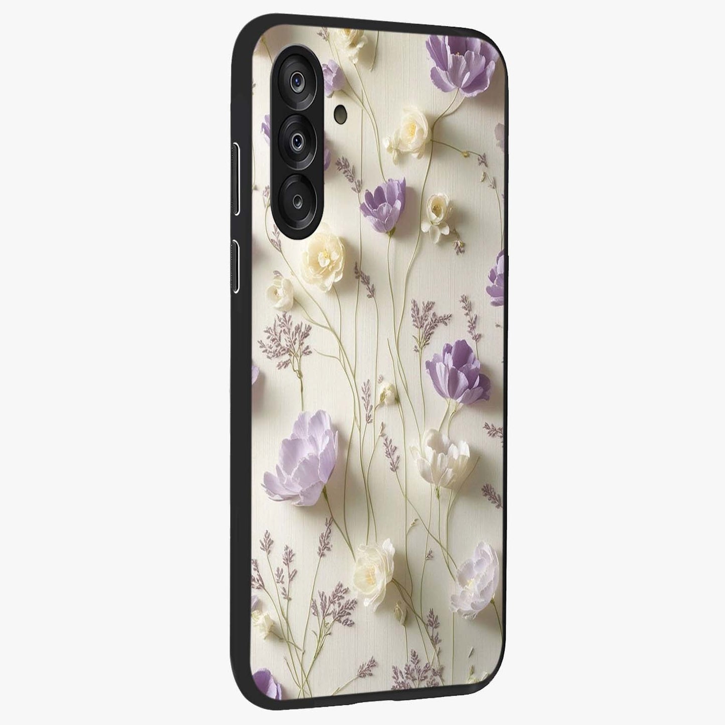 Lilac Breeze Harmony Glass Case upright view showcasing delicate lilac artwork with peaceful floral theme.