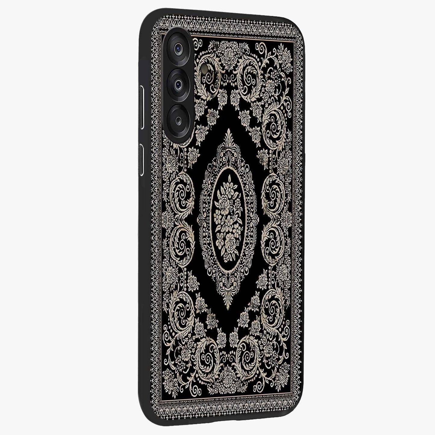 Noir Bloom Elegance Glass Case upright view showcasing graceful floral artwork with luxurious dark theme.