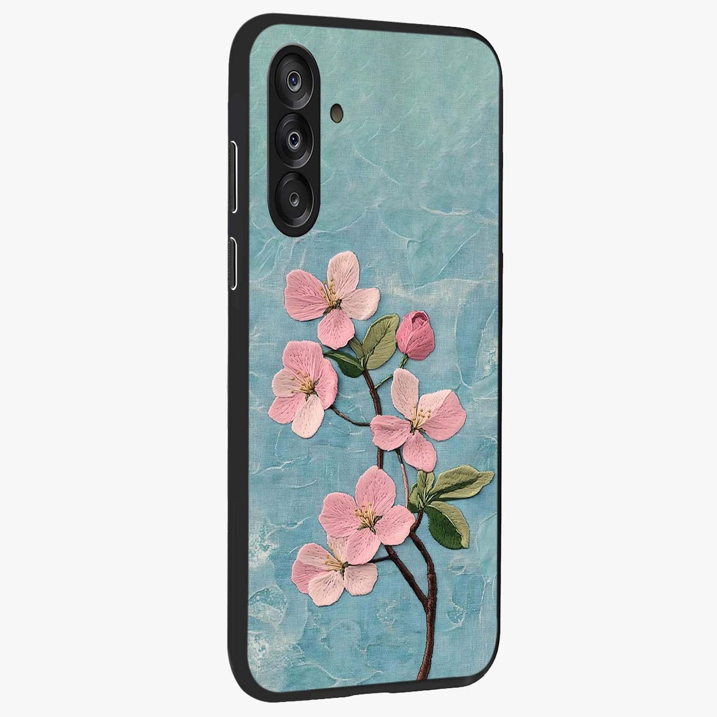 Threaded Blossom Breeze Glass Case upright view showcasing graceful flower artwork with calm botanical theme.