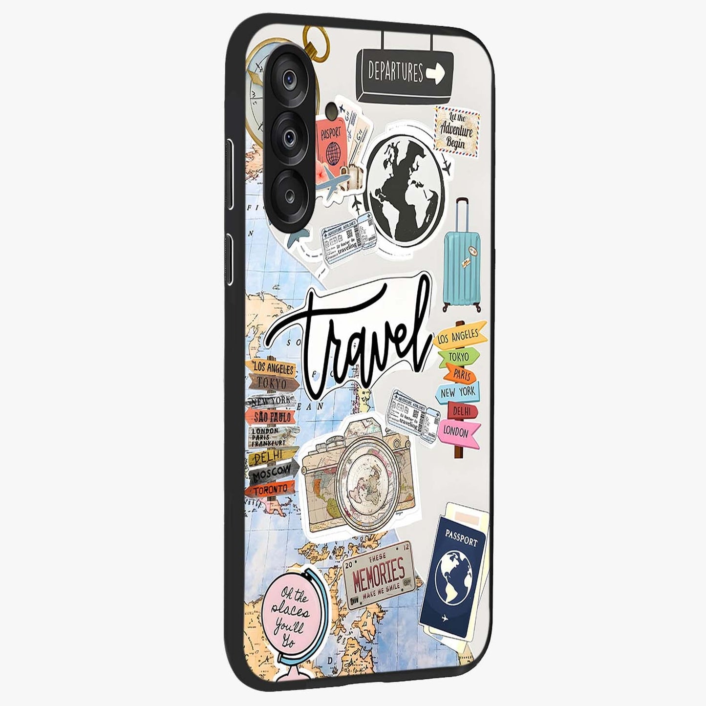 Wanderlust Journal Glass Case upright view showcasing wanderlust inspired artwork with creative exploration theme.