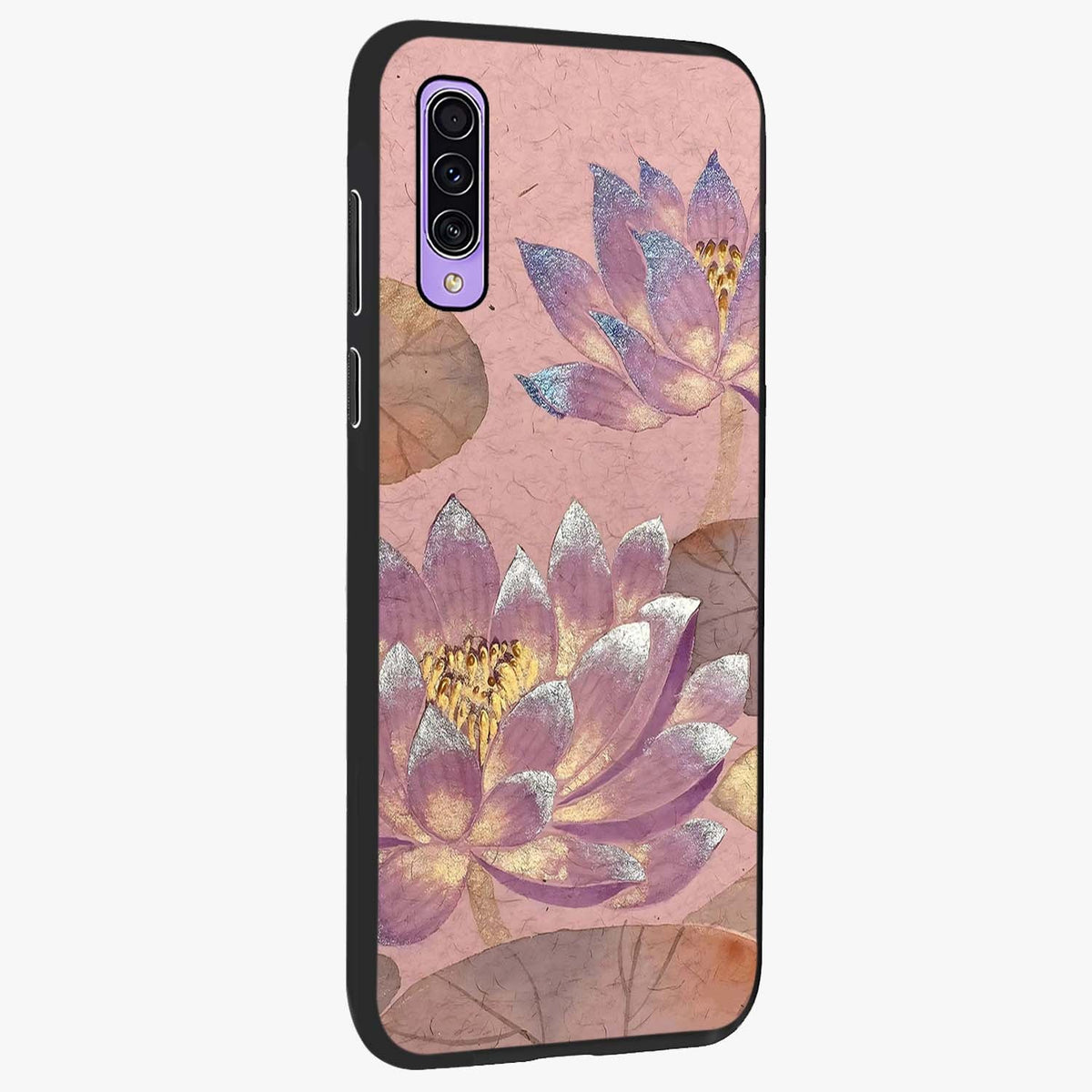 Blossom Mist Lotus Glass Case upright view showcasing graceful lotus flower design with peaceful botanical style.