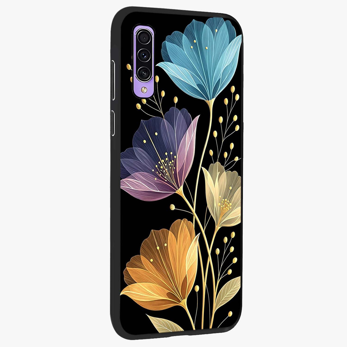 Delicate Multicolor Flowers Glass Case upright view showcasing delicate floral artwork with bright botanical theme.