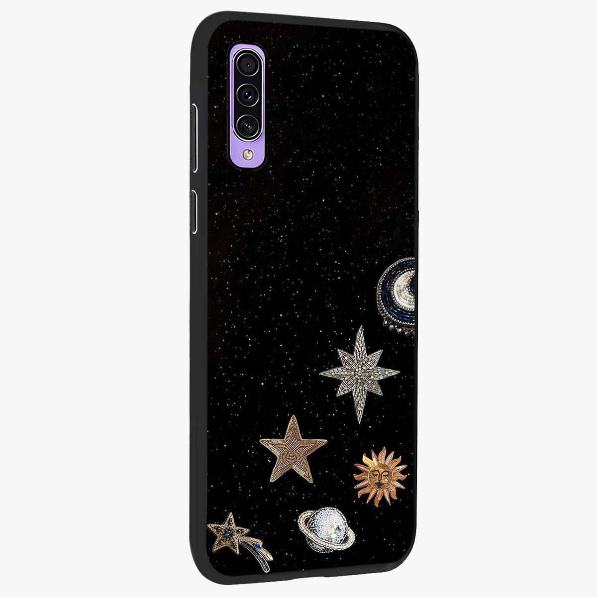Galactic Charm Glow Glass Case upright view showcasing glowing cosmic charm artwork with magical celestial style.