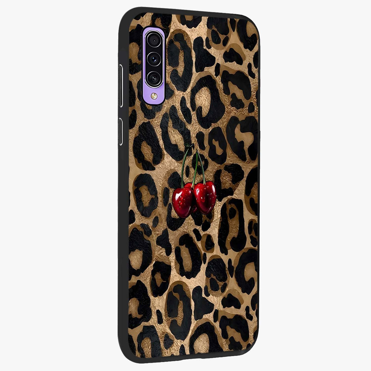 Leopard Wild Cherry Glass Case upright view showcasing stylish leopard pattern artwork with trendy fashion theme.