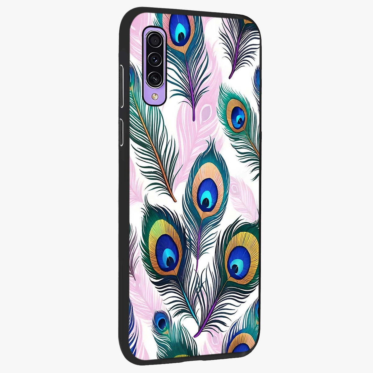 Royal Peacock Feathers Glass Case upright view showcasing elegant peacock feather artwork with decorative royal theme.