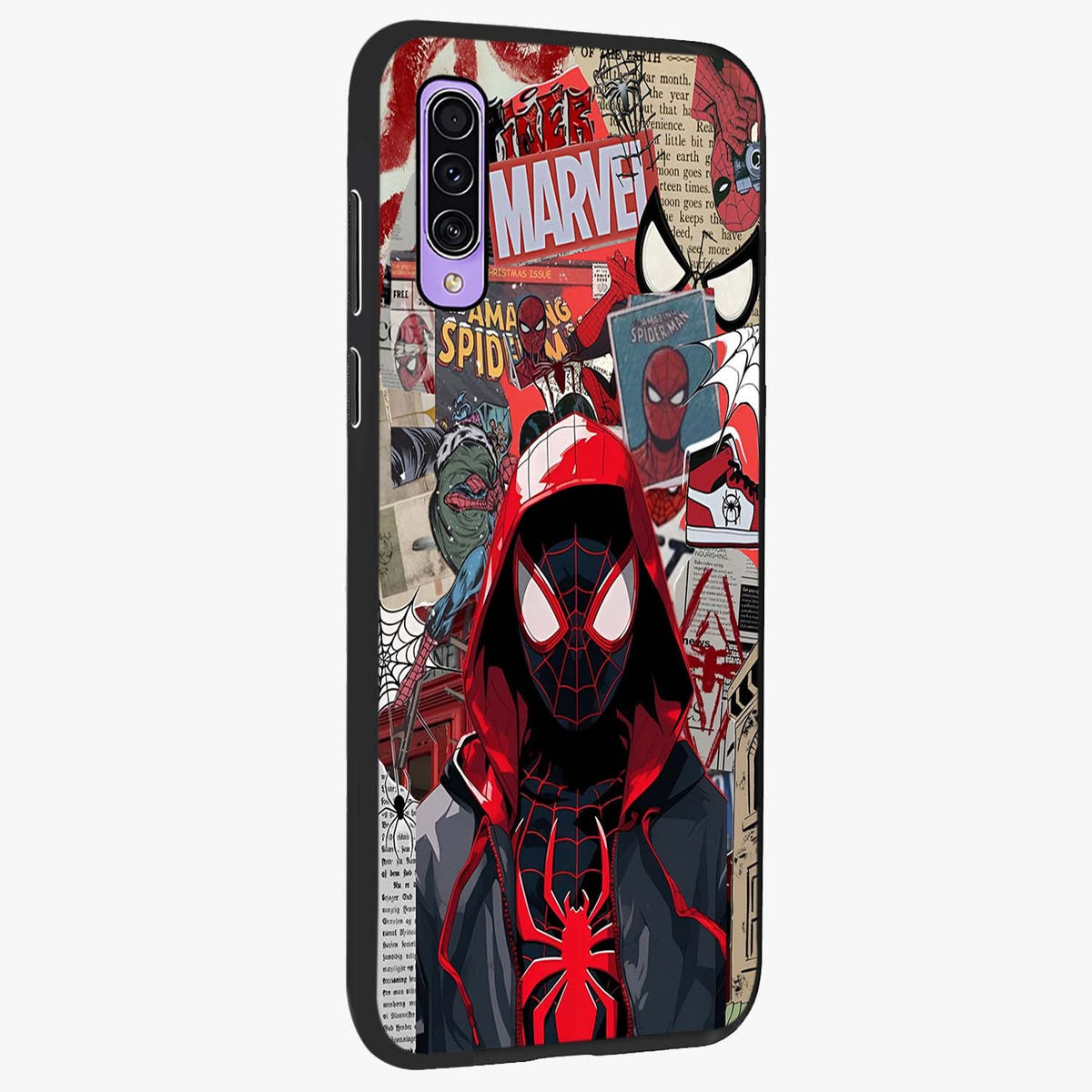 Spider Collage Street Glass Case upright view showcasing bold superhero artwork with urban street theme.