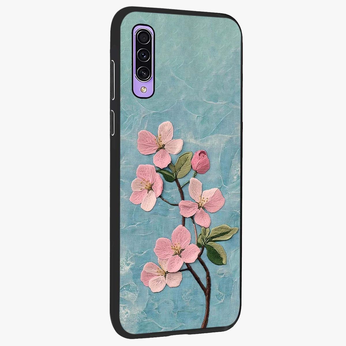 Threaded Blossom Breeze Glass Case upright view showcasing graceful flower artwork with calm botanical theme.