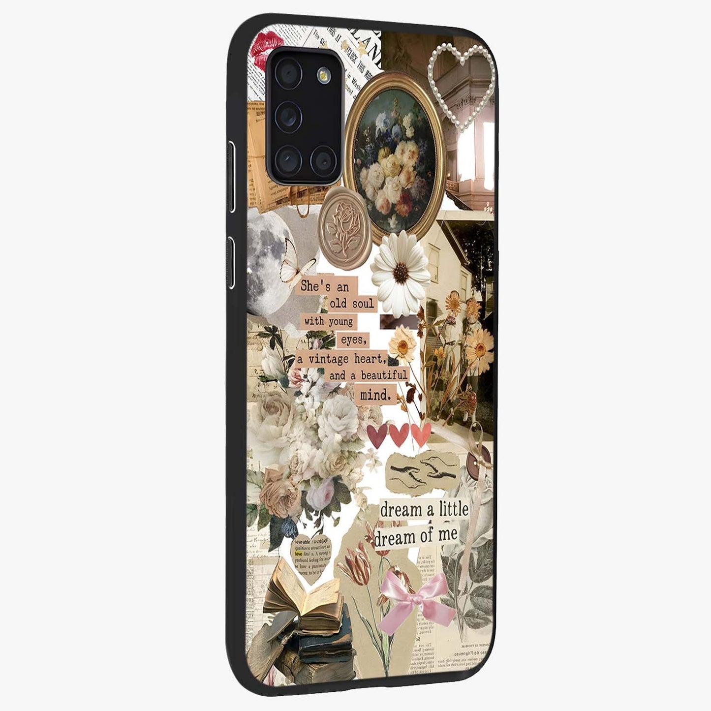 Aesthetic Brown Vintage Collage Glass Case upright view showcasing nostalgic retro artwork with stylish vintage theme.