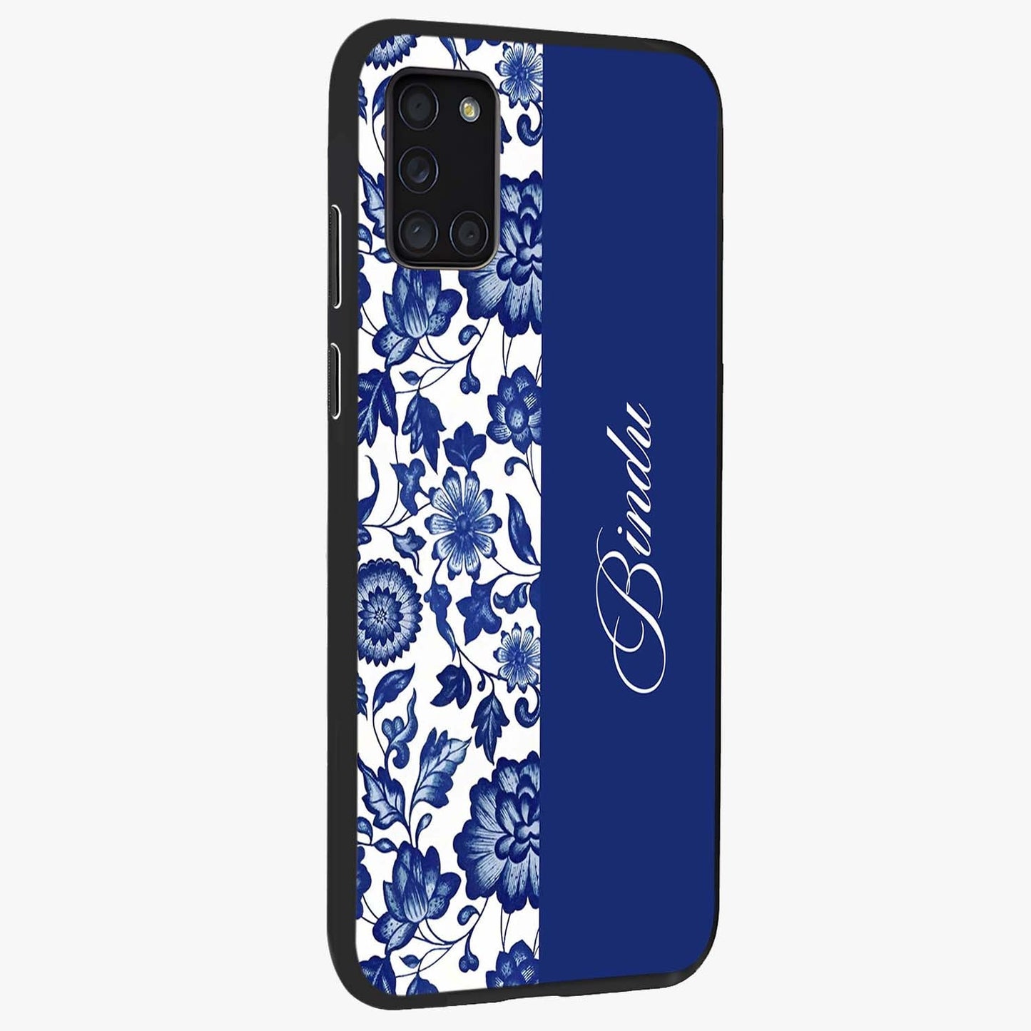 Blue Vintage Floral Pattern Glass Case upright view showcasing delicate blush floral texture with modern minimal style.