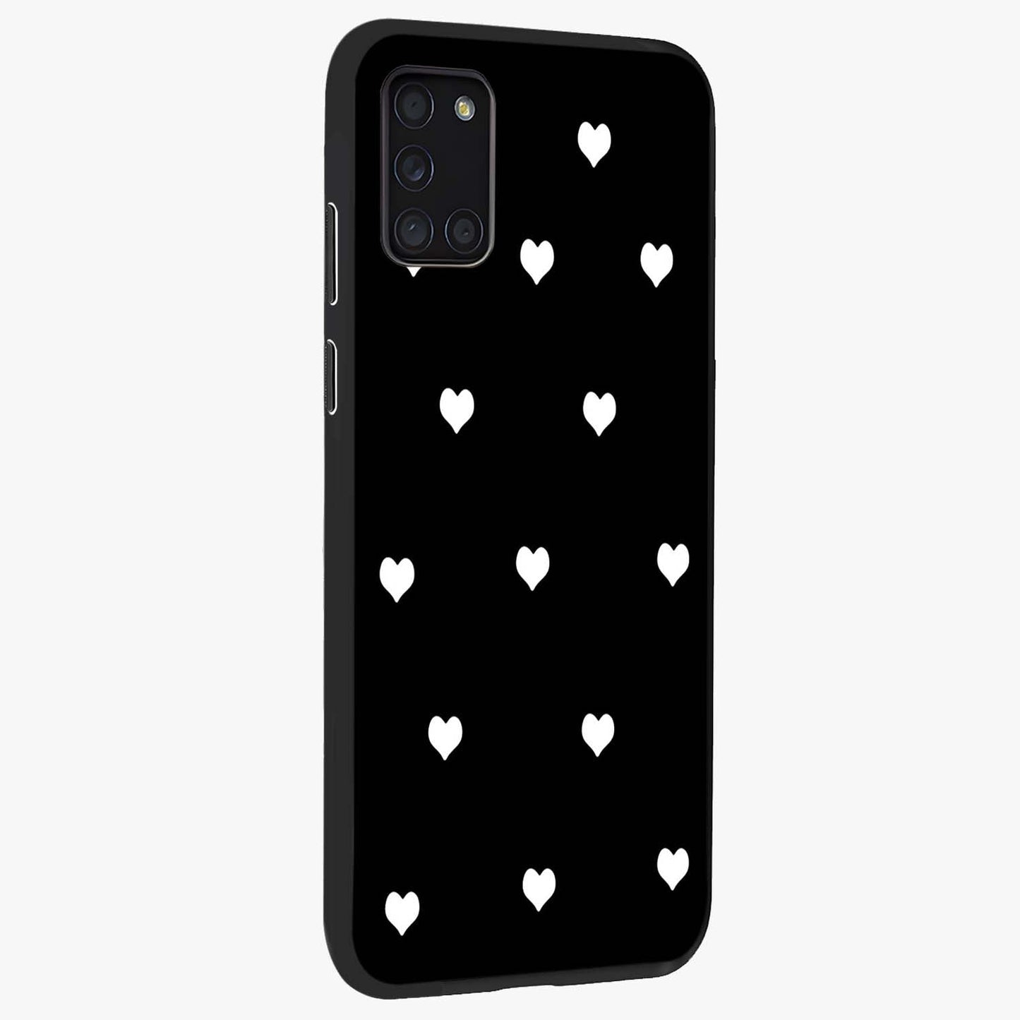 Cute And Simple White Hearts Glass Case upright view showcasing simple white hearts artwork with soft minimal theme.