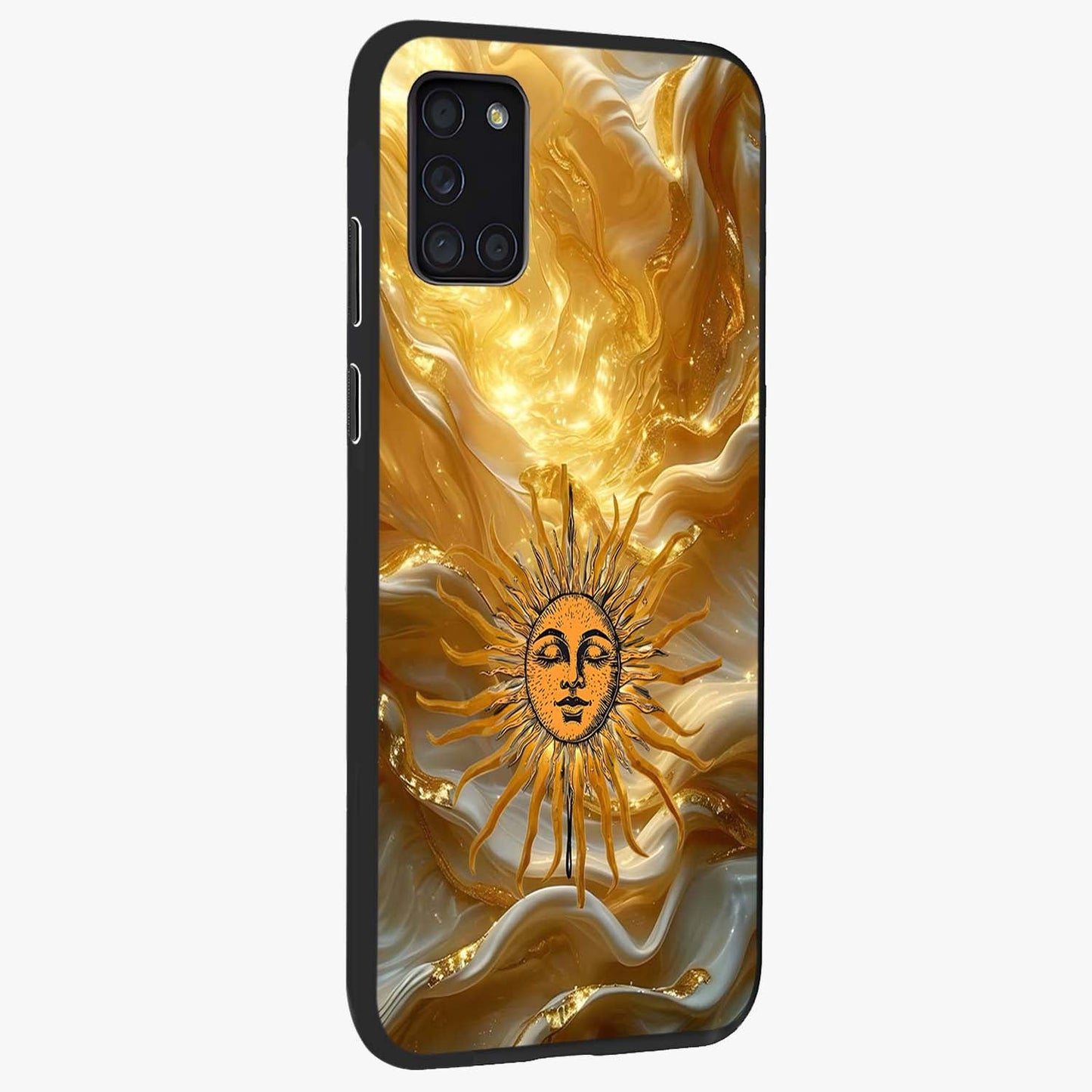 Eternal Golden Glow Glass Case upright view showcasing luminous golden artwork with luxurious visual theme.