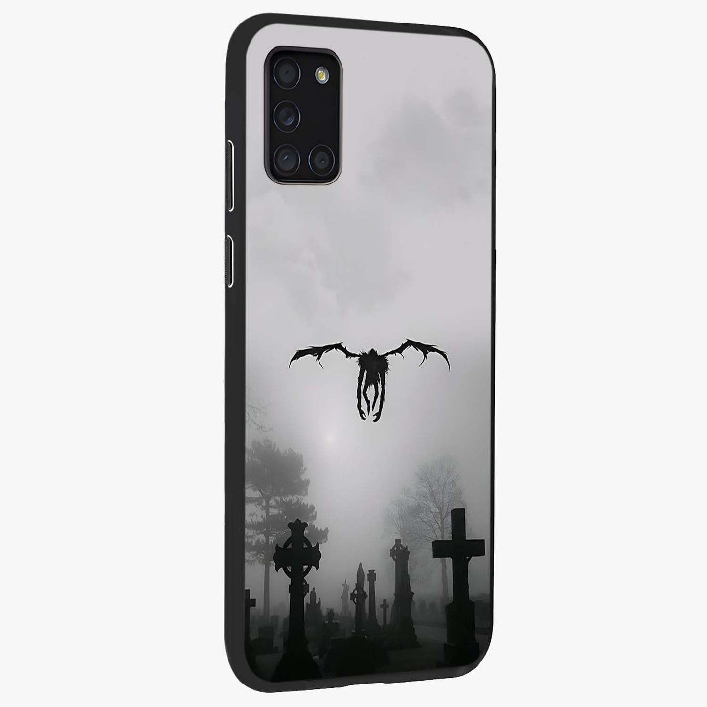 Graveyard Shadow Descent Glass Case upright view showcasing haunting graveyard artwork with dramatic dark theme.