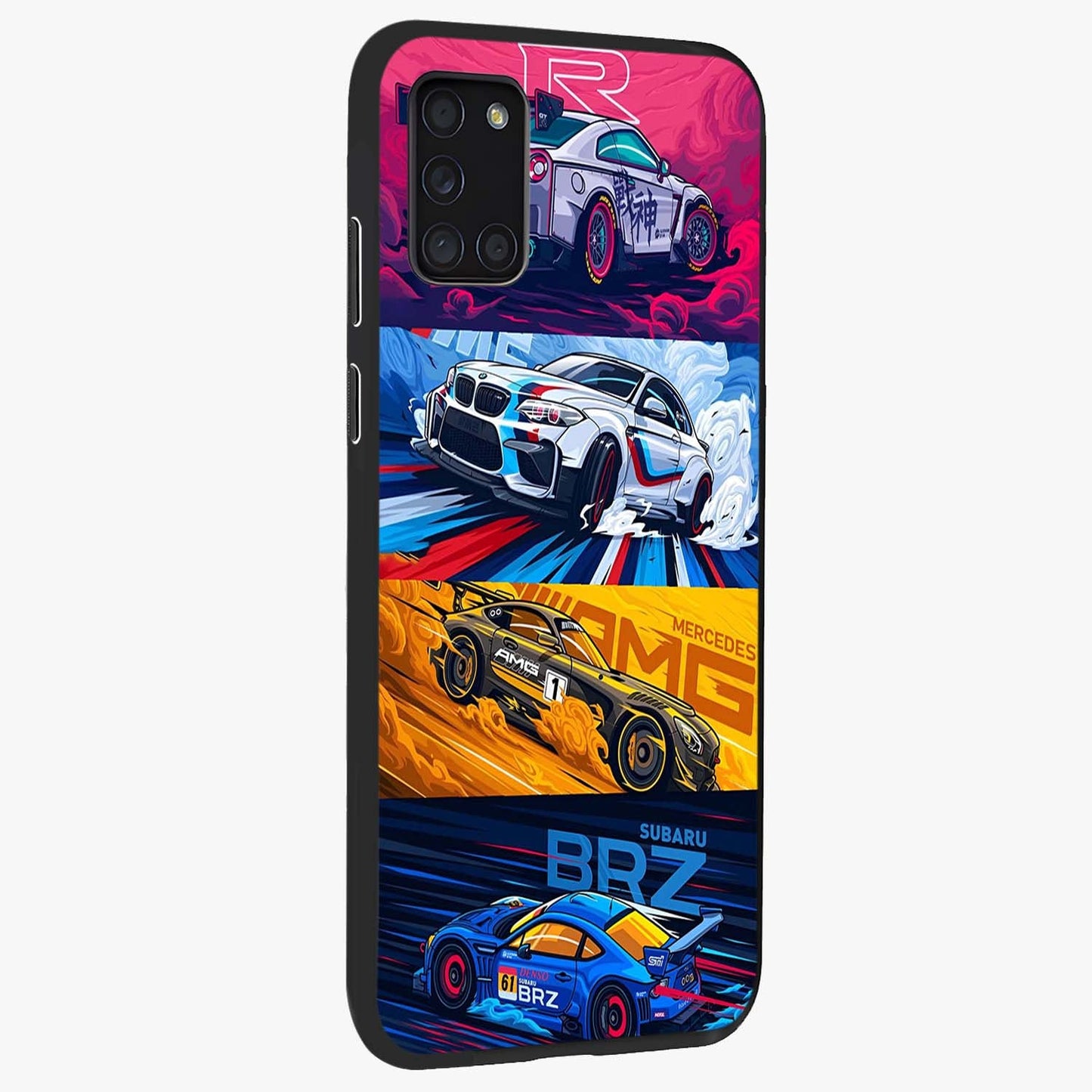 JDM Sports Car Glass Case upright view showcasing dynamic sports car artwork with bold racing theme.