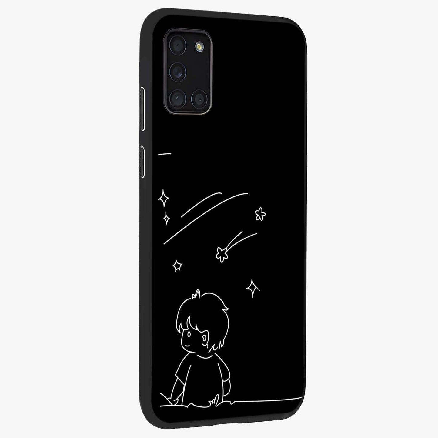 Line Art Boy With Shooting Stars Glass Case upright view showcasing artistic shooting star illustration with minimal style.