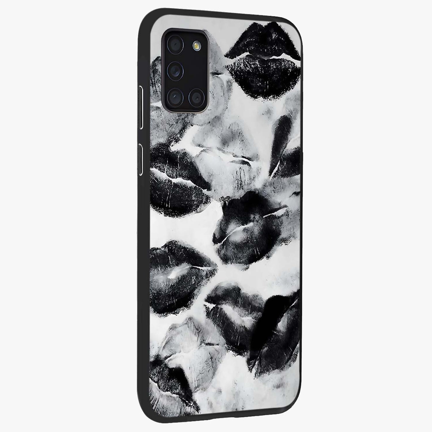 Midnight Kiss Marks Glass Case upright view showcasing stylish kiss mark artwork with trendy romantic theme.
