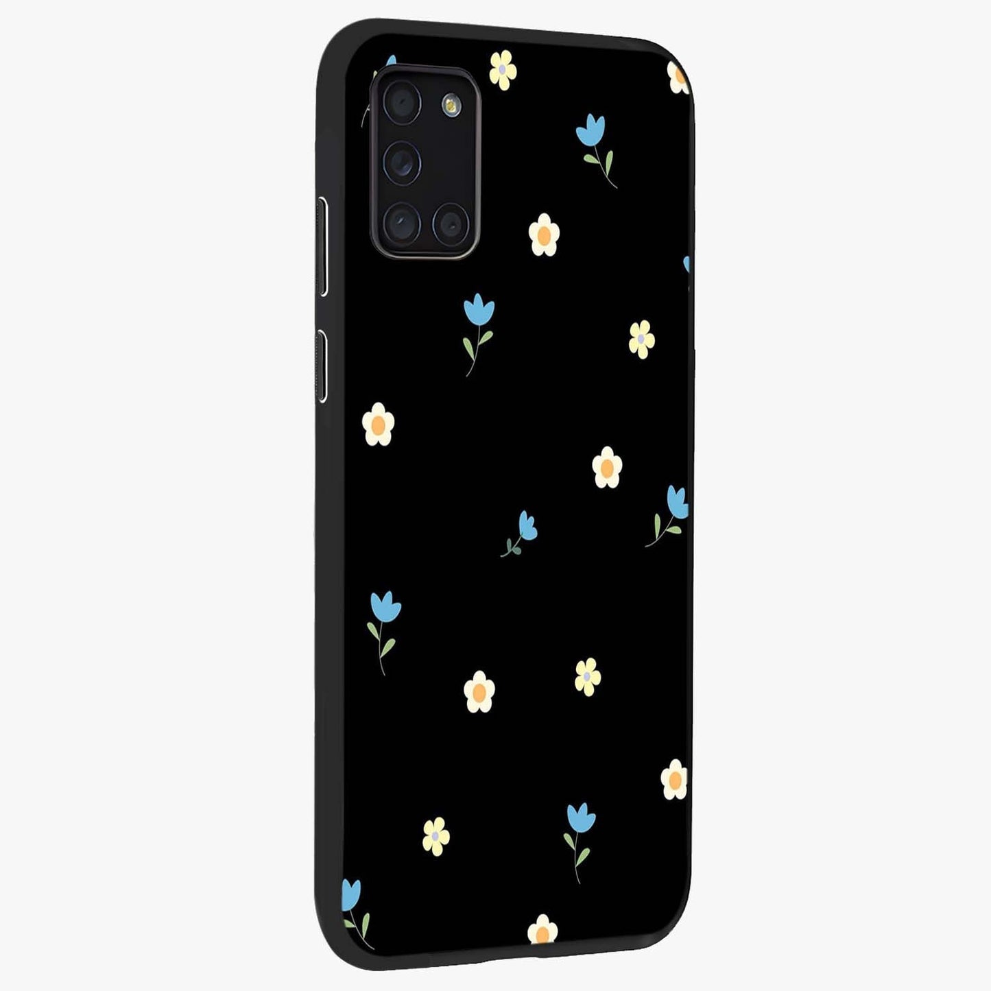 Minimal Petal Whispers Glass Case upright view showcasing elegant floral artwork with modern minimalist style.