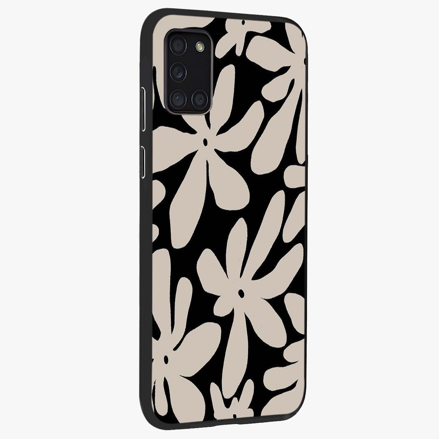 Monochrome Petal Dance Glass Case upright view showcasing artistic floral pattern with stylish monochrome theme.