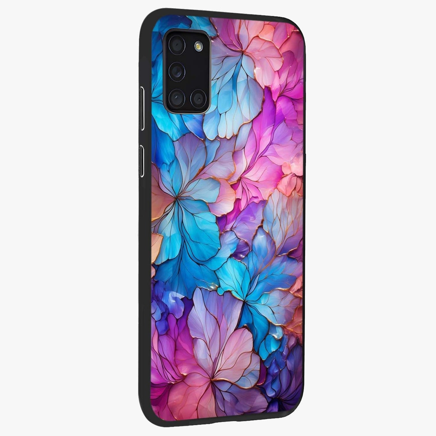 Radiant Floral Whirl Glass Case upright view showcasing lively floral artwork with decorative swirl theme.