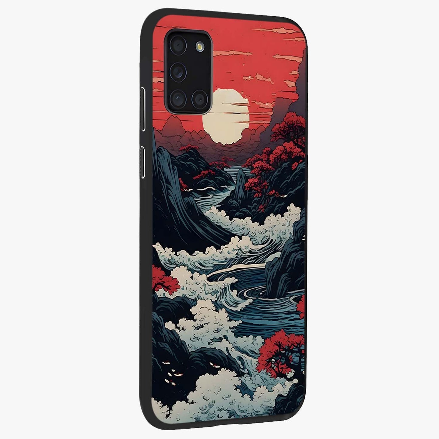 Red Sunset Scenery Glass Case upright view showcasing dramatic sunset scenery artwork with warm nature theme.