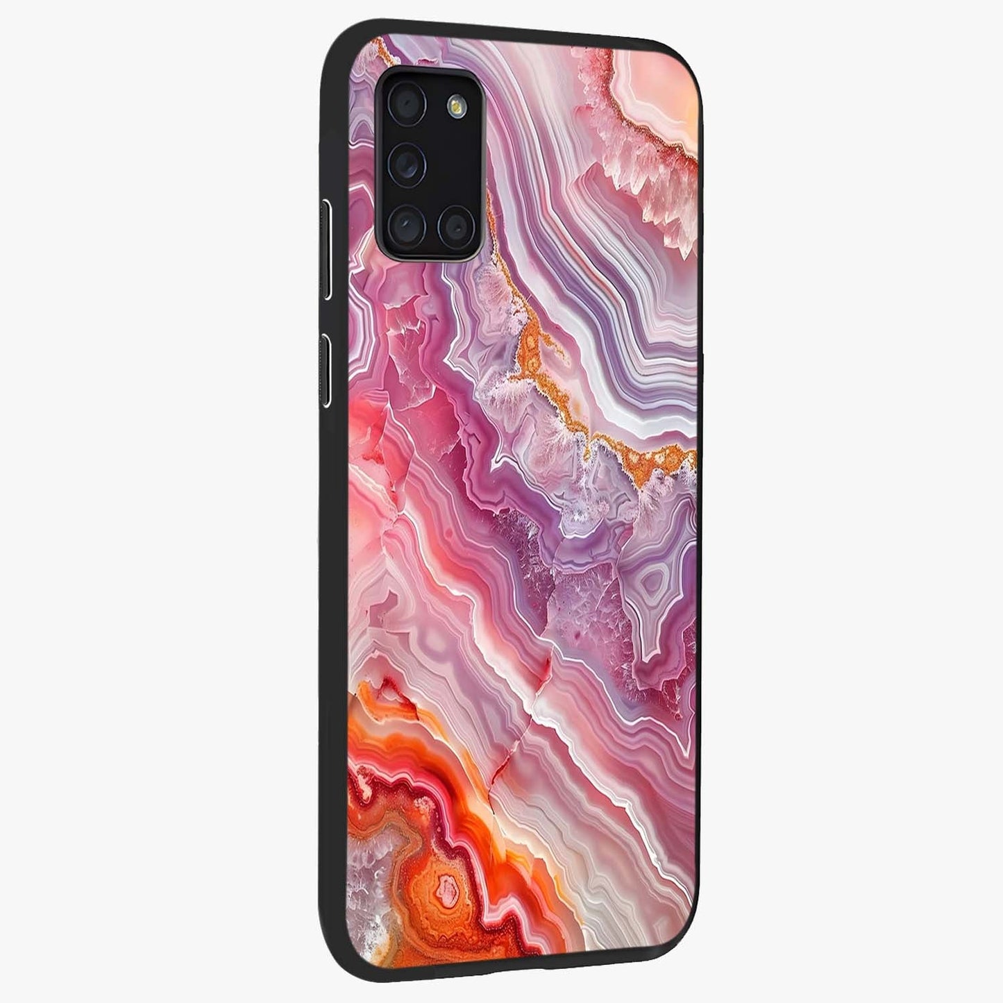Rose Quartz Marble Glass Case upright view showcasing decorative marble artwork with luxurious pastel theme.
