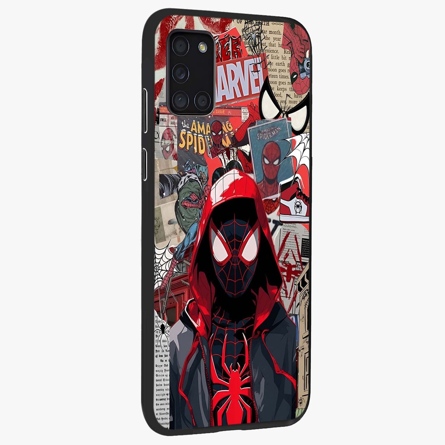 Spider Collage Street Glass Case upright view showcasing bold superhero artwork with urban street theme.