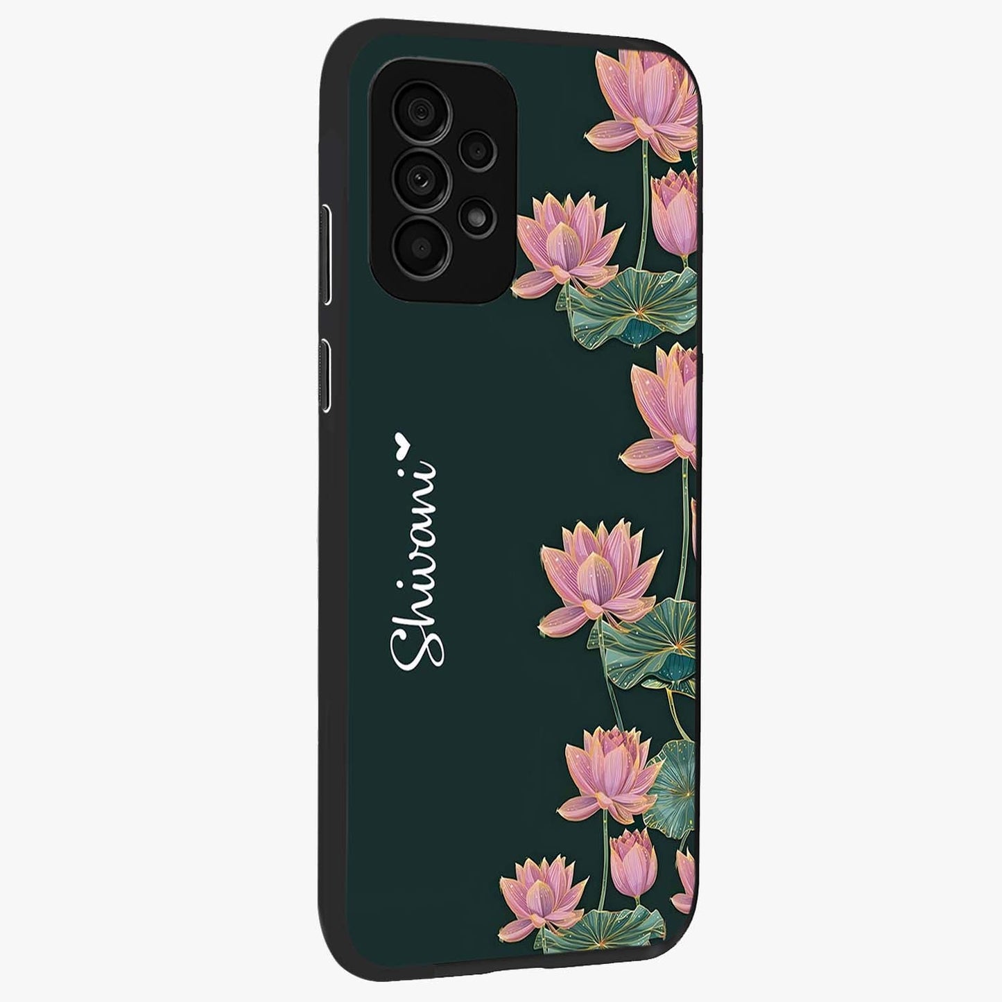 Lotus Bloom Serenity Custom Name Glass Case upright view showcasing serene lotus bloom artwork with personalized floral aesthetic.