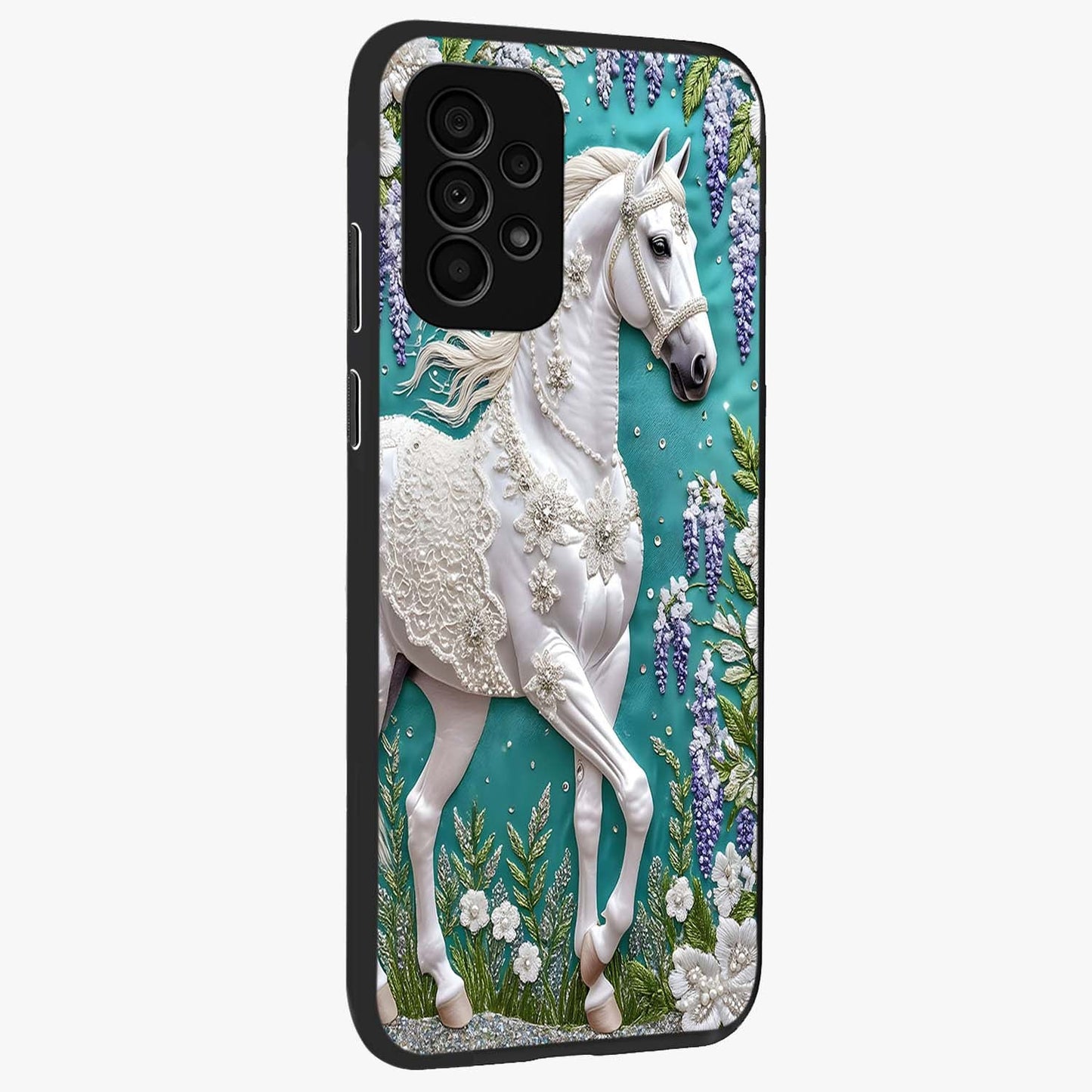 Majestic Floral Stallion Glass Case upright view showcasing dramatic horse artwork with decorative floral theme.