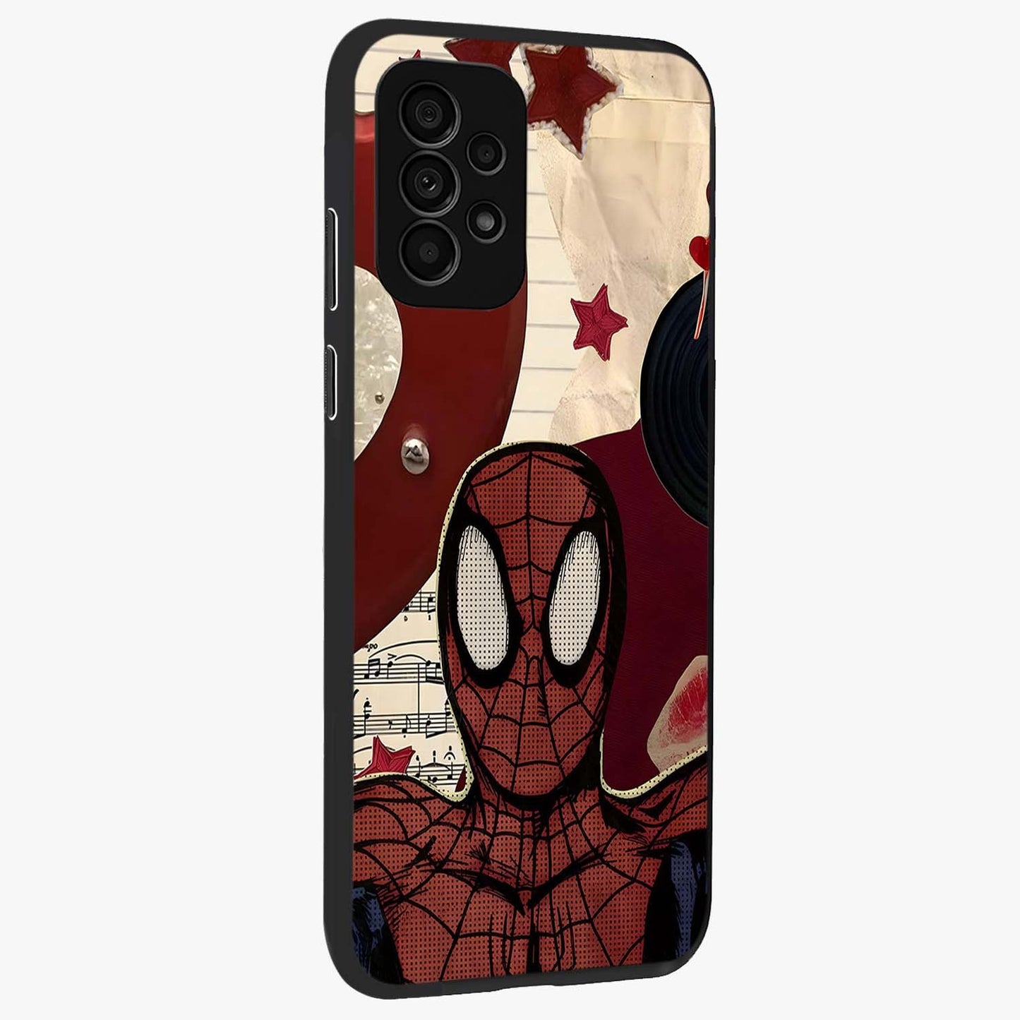 Web Warrior Vibes Glass Case upright view showcasing energetic superhero artwork with bold action theme.