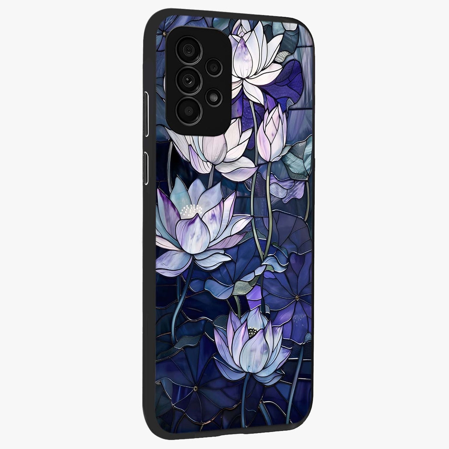 Gloss Petal Rush Glass Case upright view showcasing dynamic floral petal artwork with modern botanical theme.