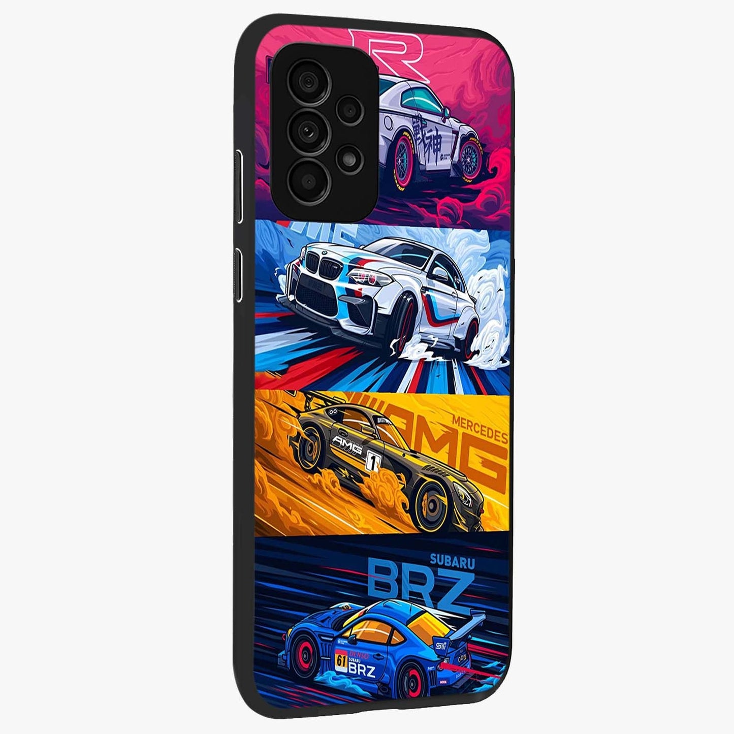 JDM Sports Car Glass Case upright view showcasing dynamic sports car artwork with bold racing theme.