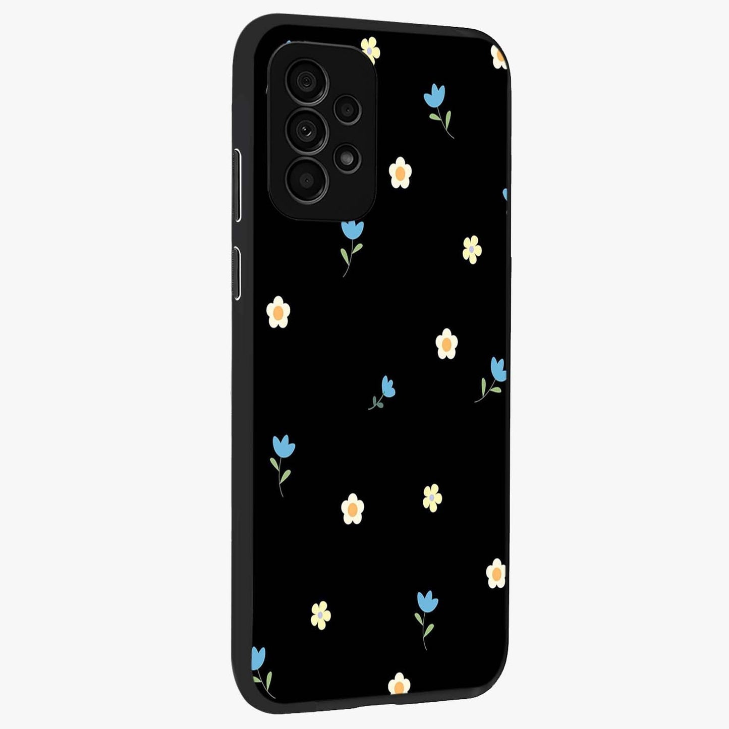 Minimal Petal Whispers Glass Case upright view showcasing elegant floral artwork with modern minimalist style.