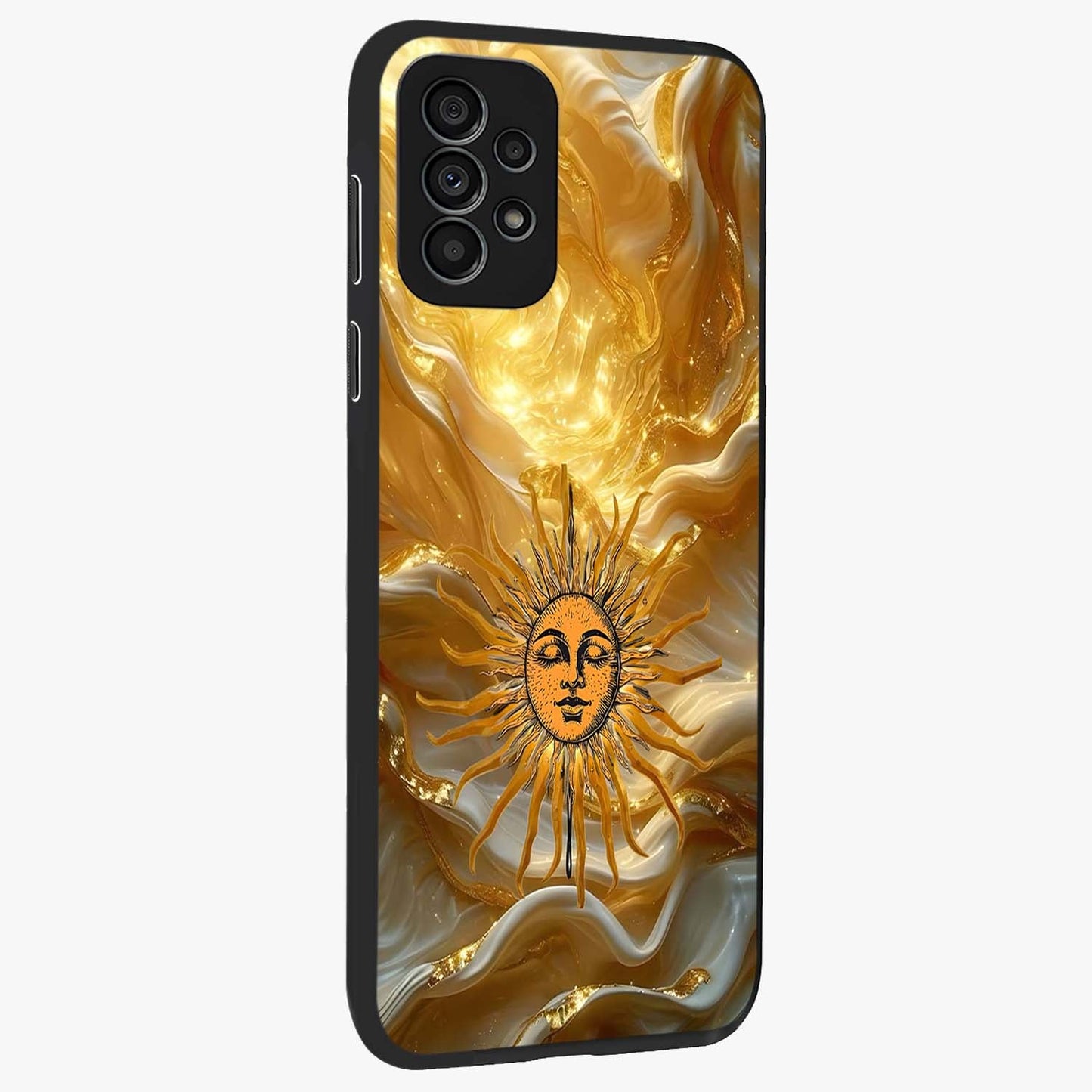 Eternal Golden Glow Glass Case upright view showcasing luminous golden artwork with luxurious visual theme.