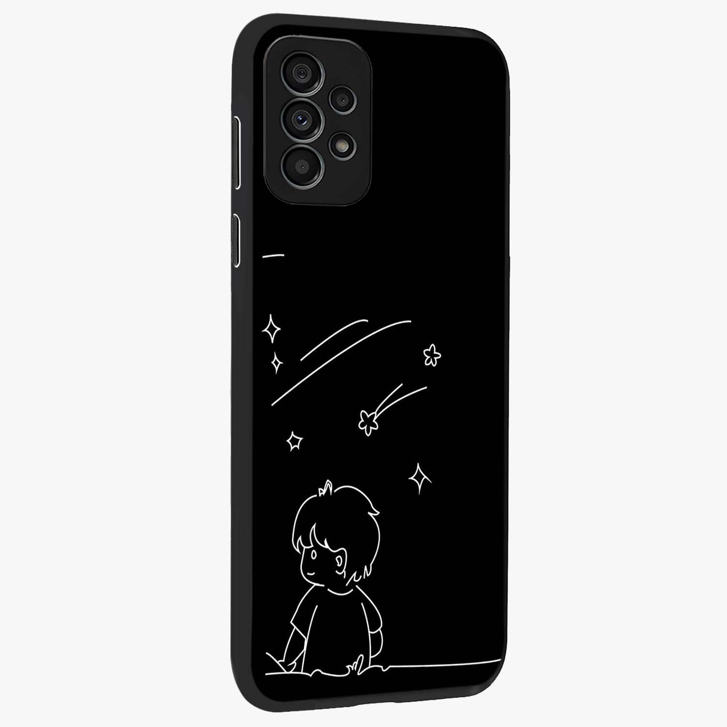 Line Art Boy With Shooting Stars Glass Case upright view showcasing artistic shooting star illustration with minimal style.