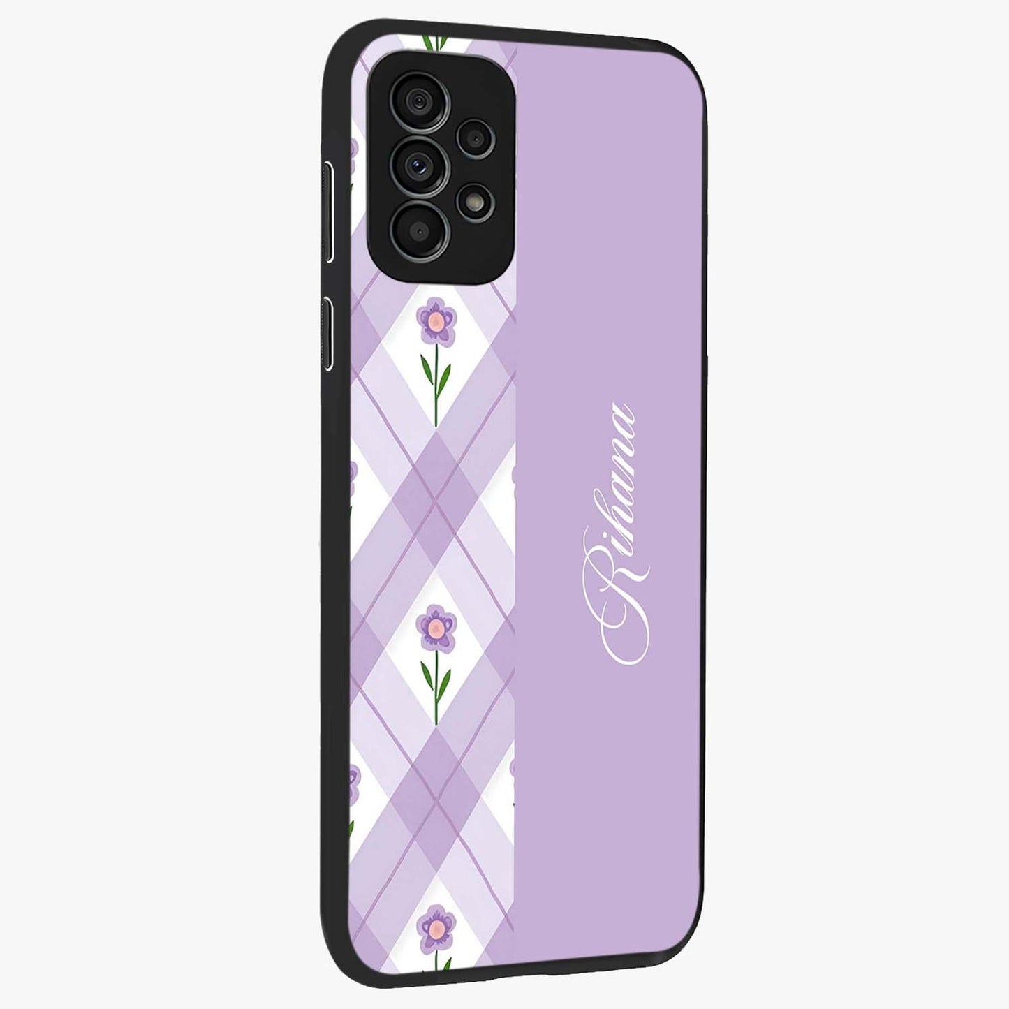 Purple Diamond Floral Glass Case upright view showcasing vibrant floral artwork with stylish geometric theme.