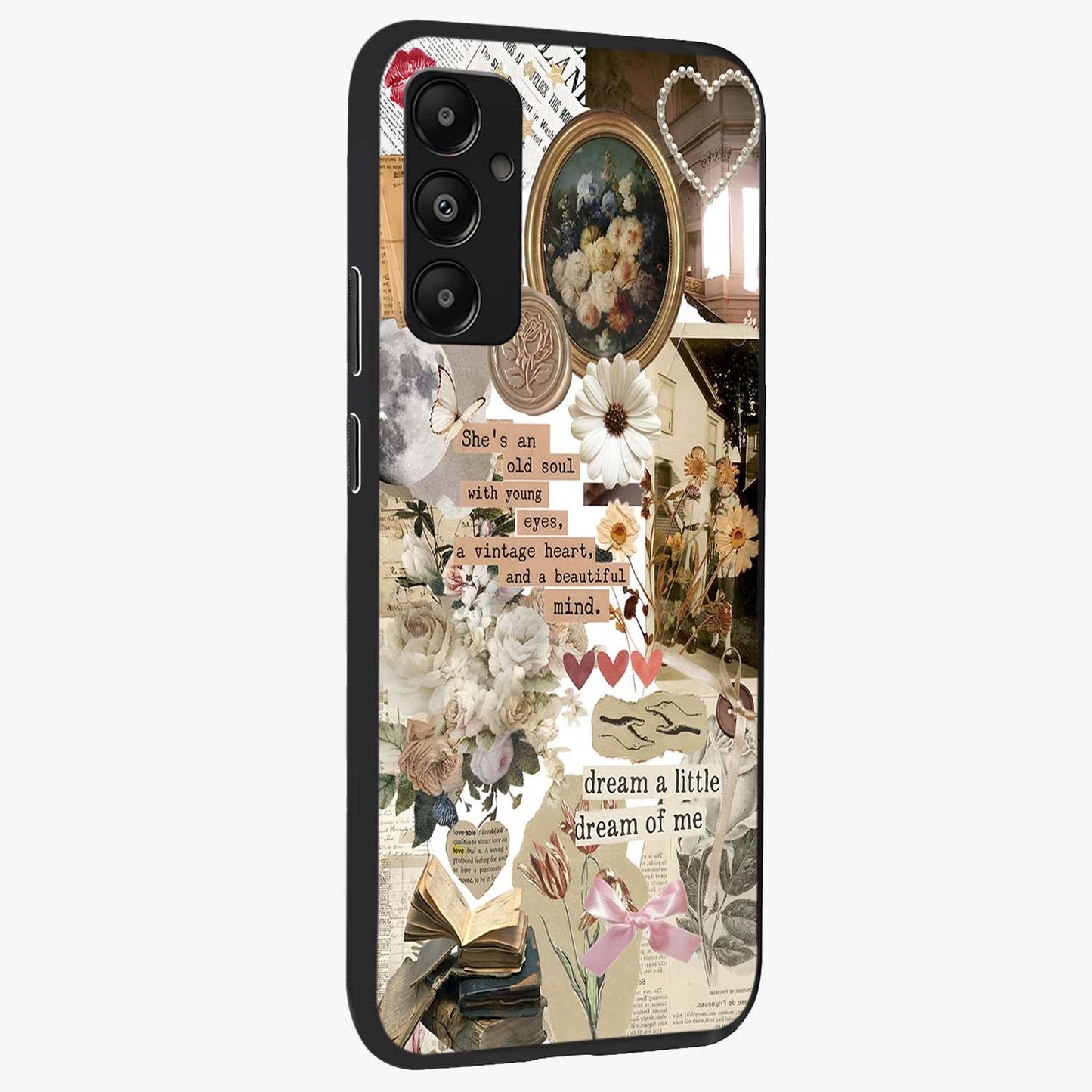 Aesthetic Brown Vintage Collage Glass Case upright view showcasing nostalgic retro artwork with stylish vintage theme.