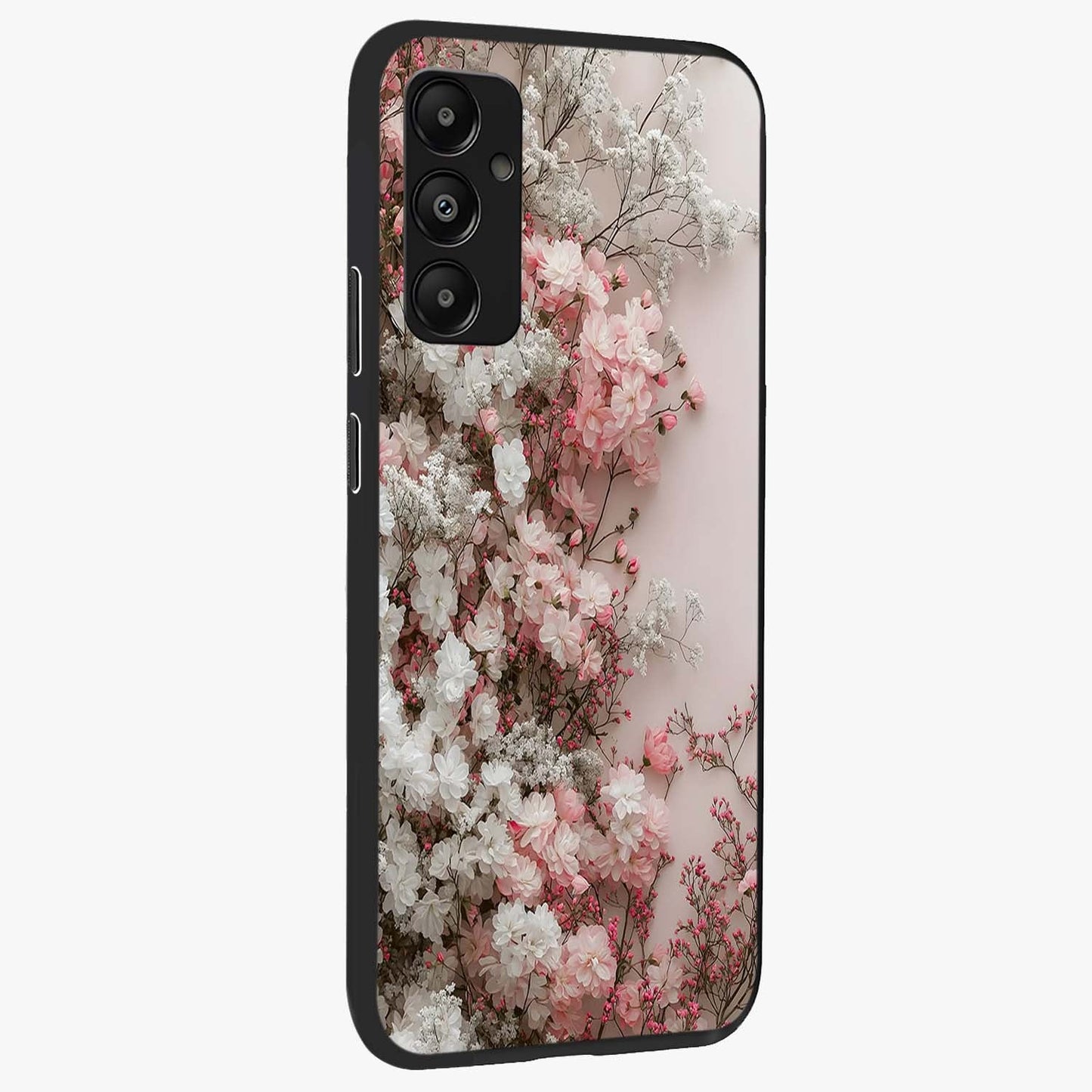 Blush Blossom Cloud Glass Case upright view showcasing calm floral cloud artwork with gentle dreamy theme.