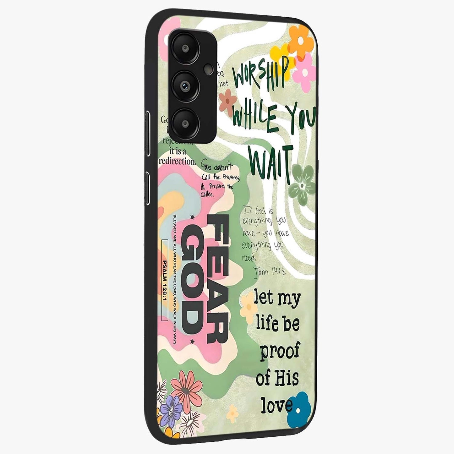Faith Over Fear Glass Case upright view showcasing bold typography artwork with uplifting motivational theme.