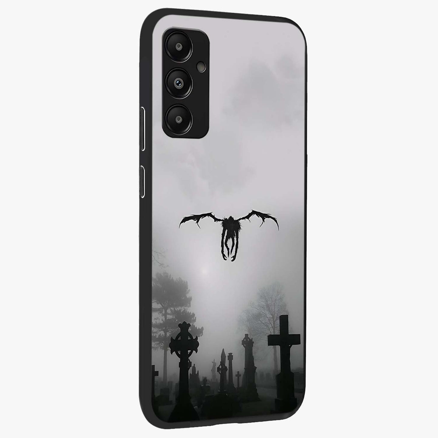 Graveyard Shadow Descent Glass Case upright view showcasing haunting graveyard artwork with dramatic dark theme.