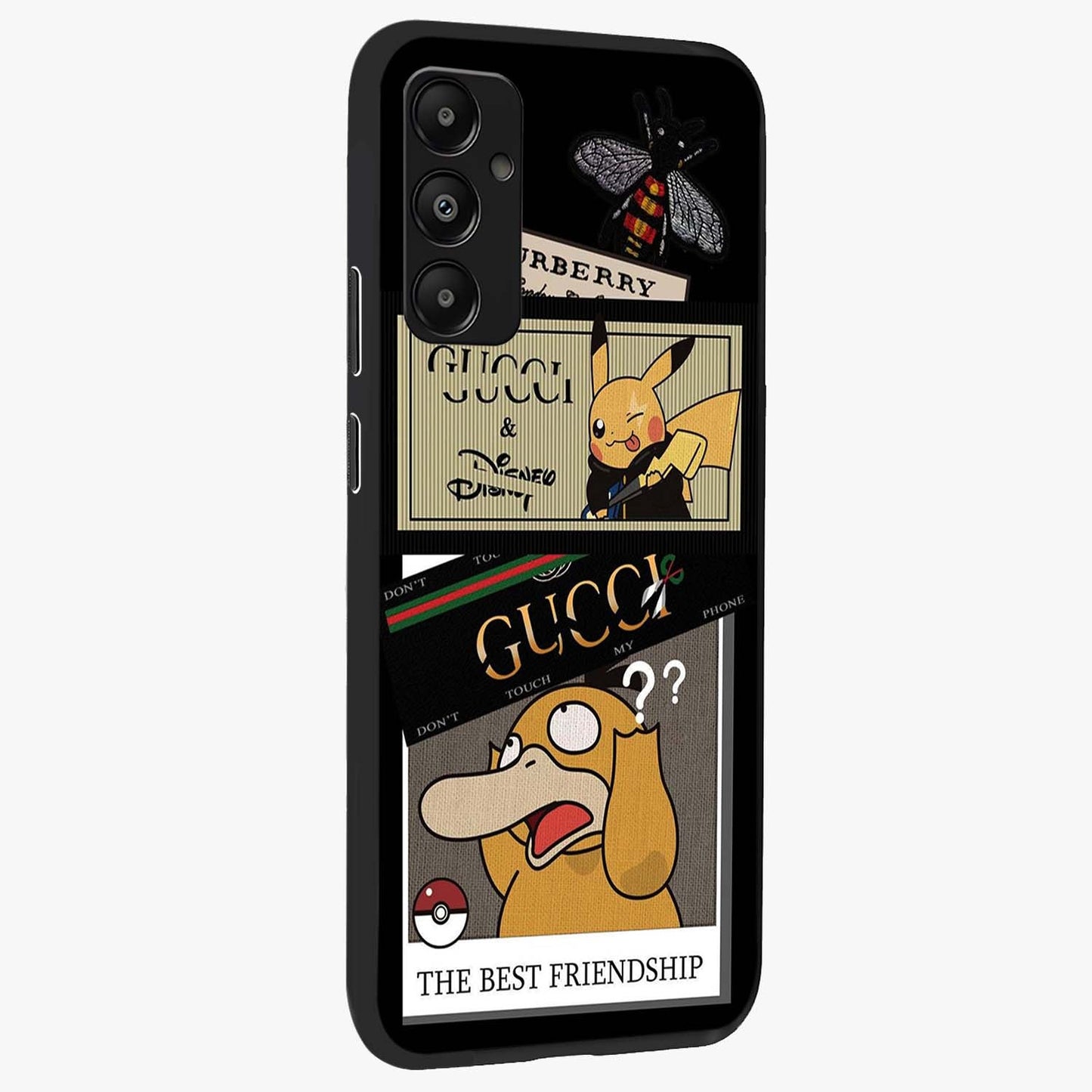Gucci Play Mashup Glass Case upright view showcasing trendy luxury inspired artwork with modern fashion theme.